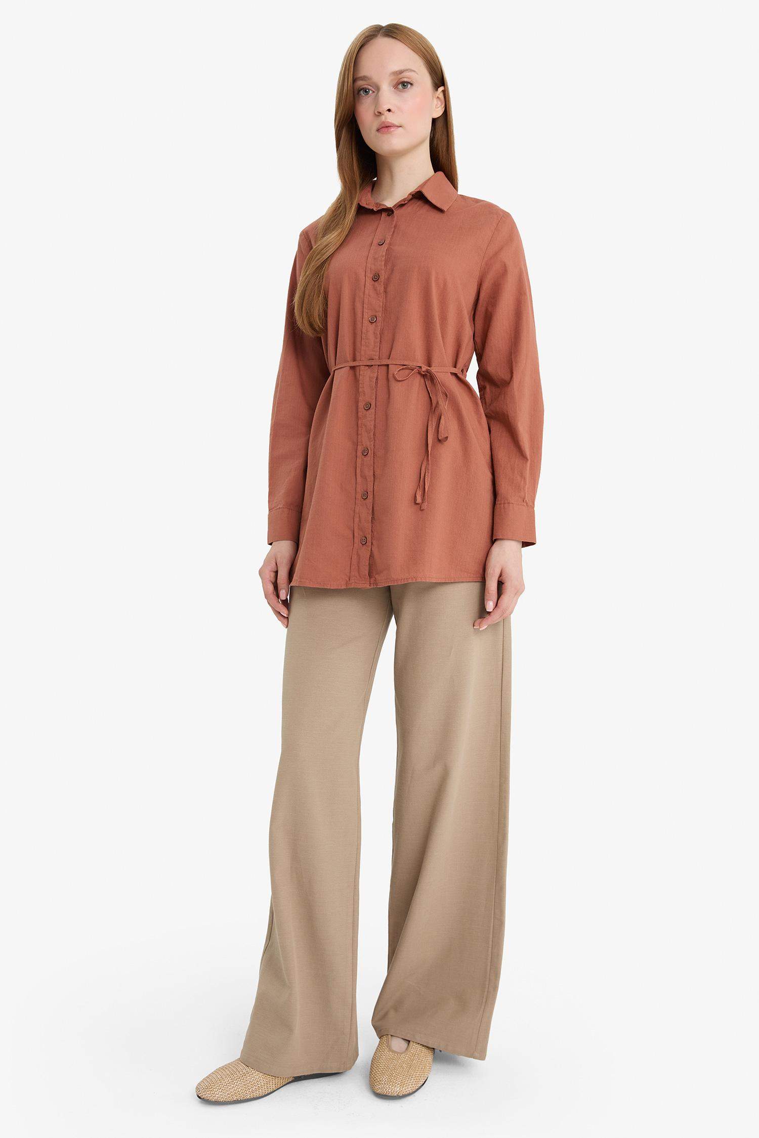 Regular Fit Poplin Basic Düz Uzun Kollu Gömlek Tunik