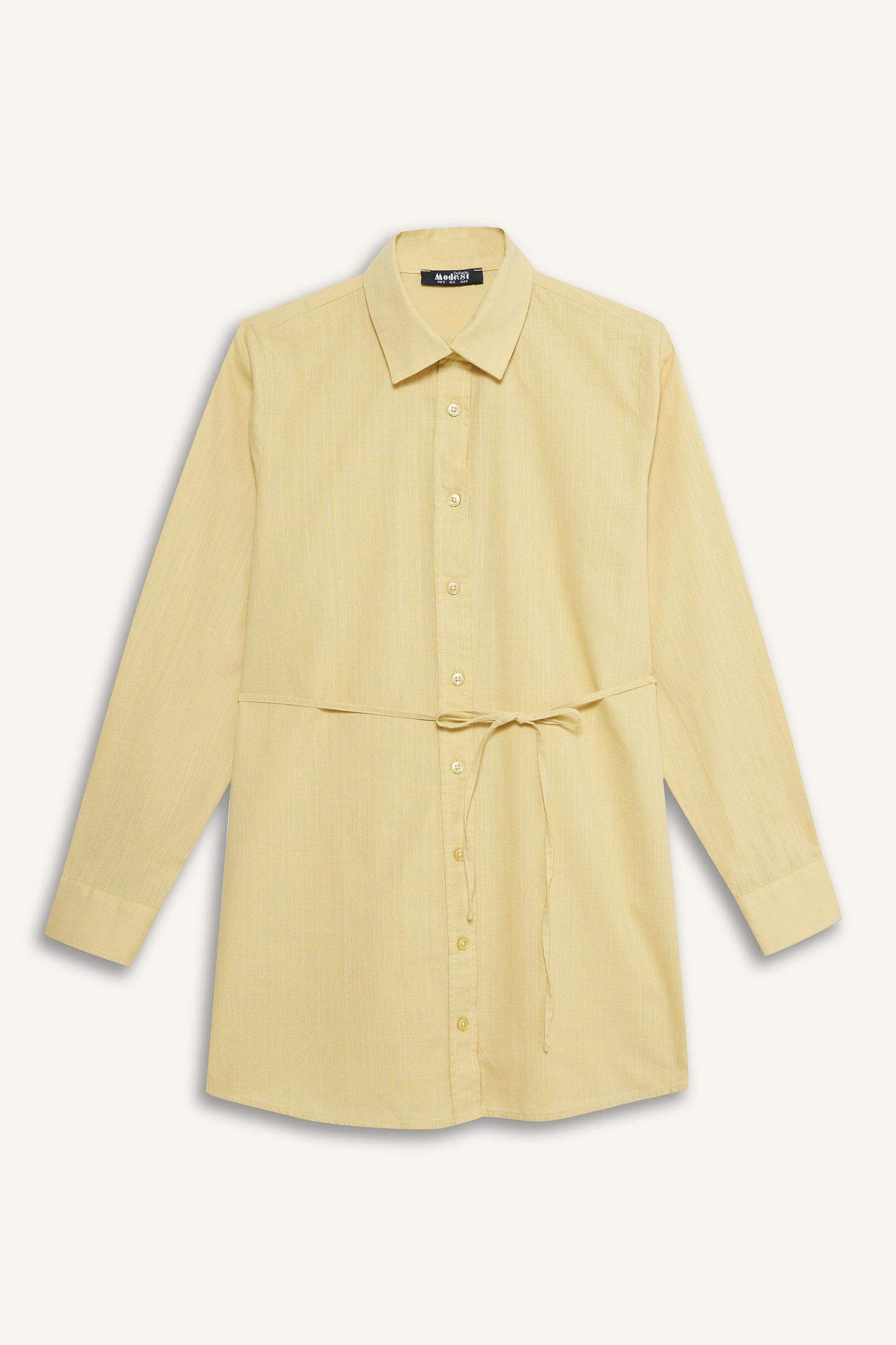 قميص طويل بوبلين ردن طويل قصة عادية برباط من الأمام