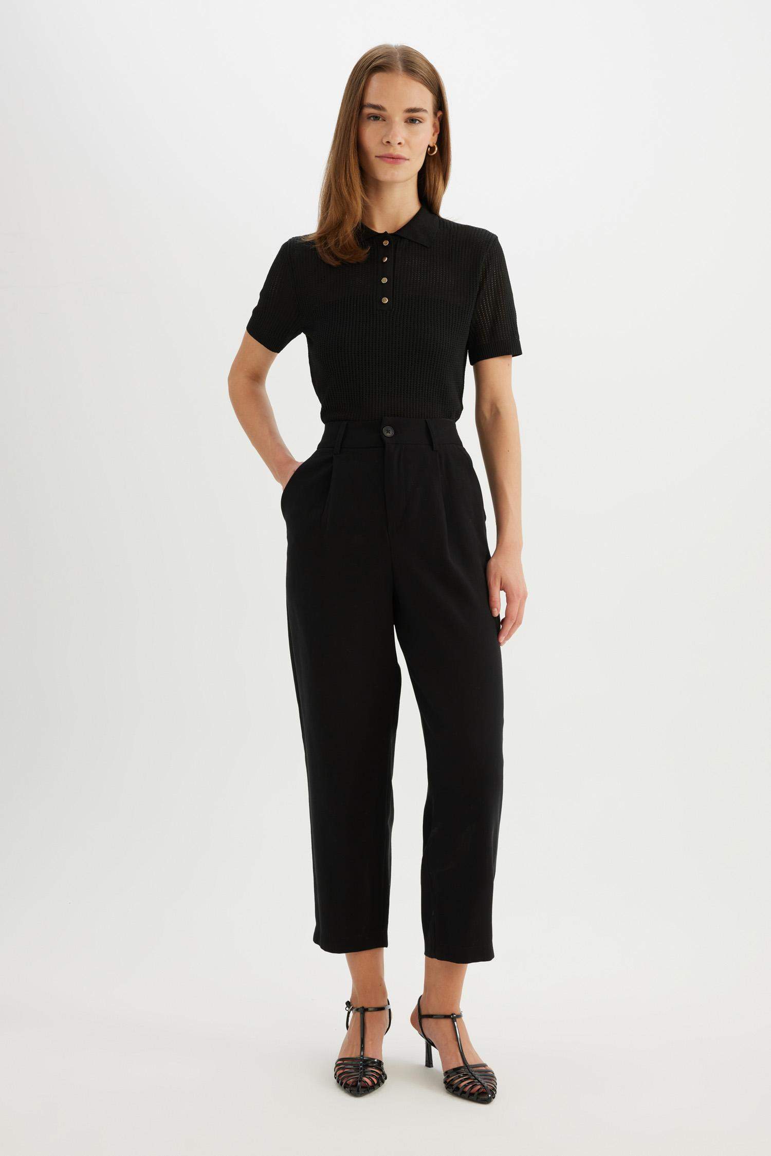 Regular Fit Ajurlu Polo Yaka Kısa Kollu Siyah Triko Kazak