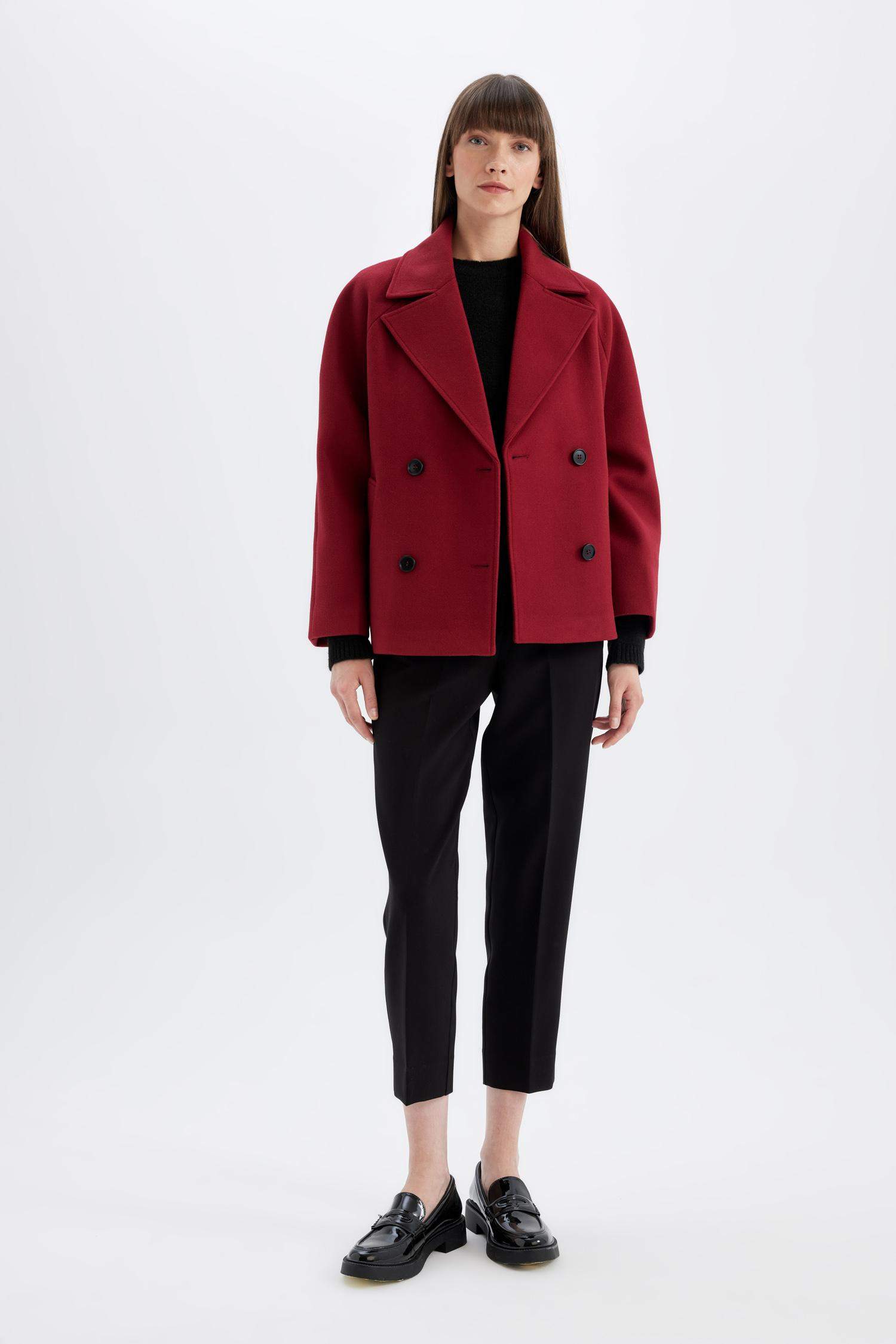 Relax Fit Kısa Kaşe Kaban Smokin Yaka Düğmeli