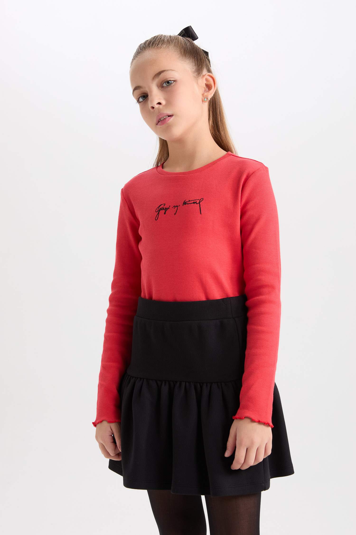 Kız Çocuk 2'li Takım Bisiklet Yaka Atatürk Nakışlı Kırmızı Ribana Uzun Kollu Tişört Fiyonk Toka