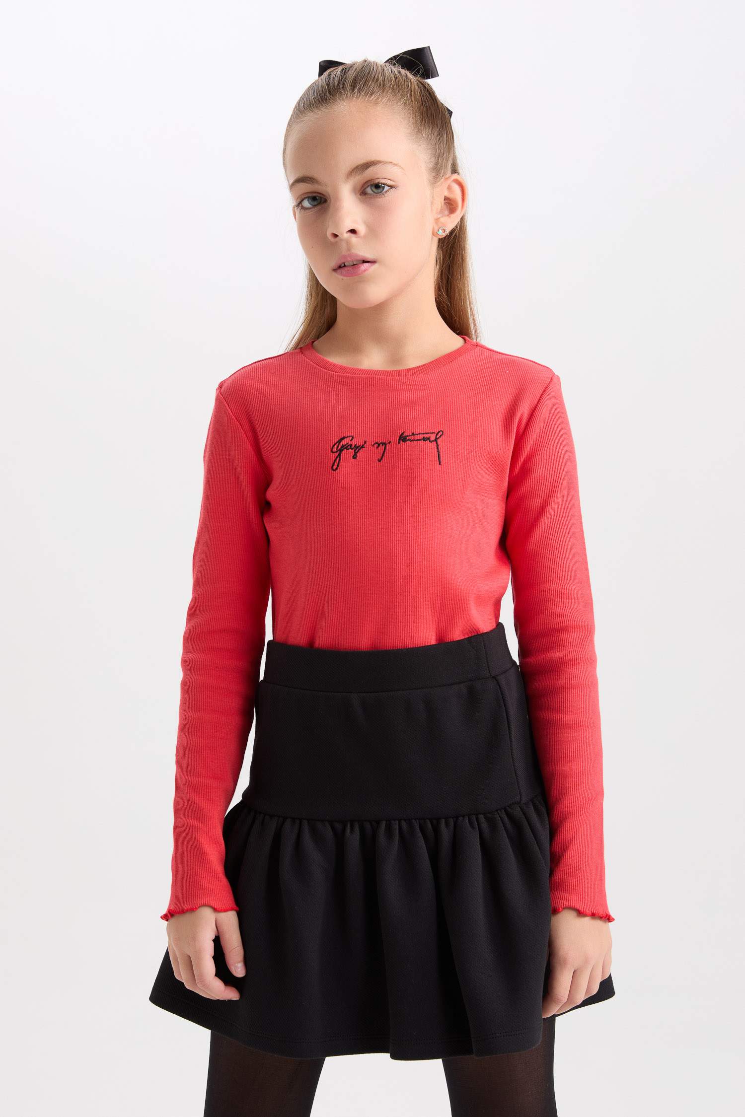 Kız Çocuk 2'li Takım Bisiklet Yaka Atatürk Nakışlı Kırmızı Ribana Uzun Kollu Tişört Fiyonk Toka