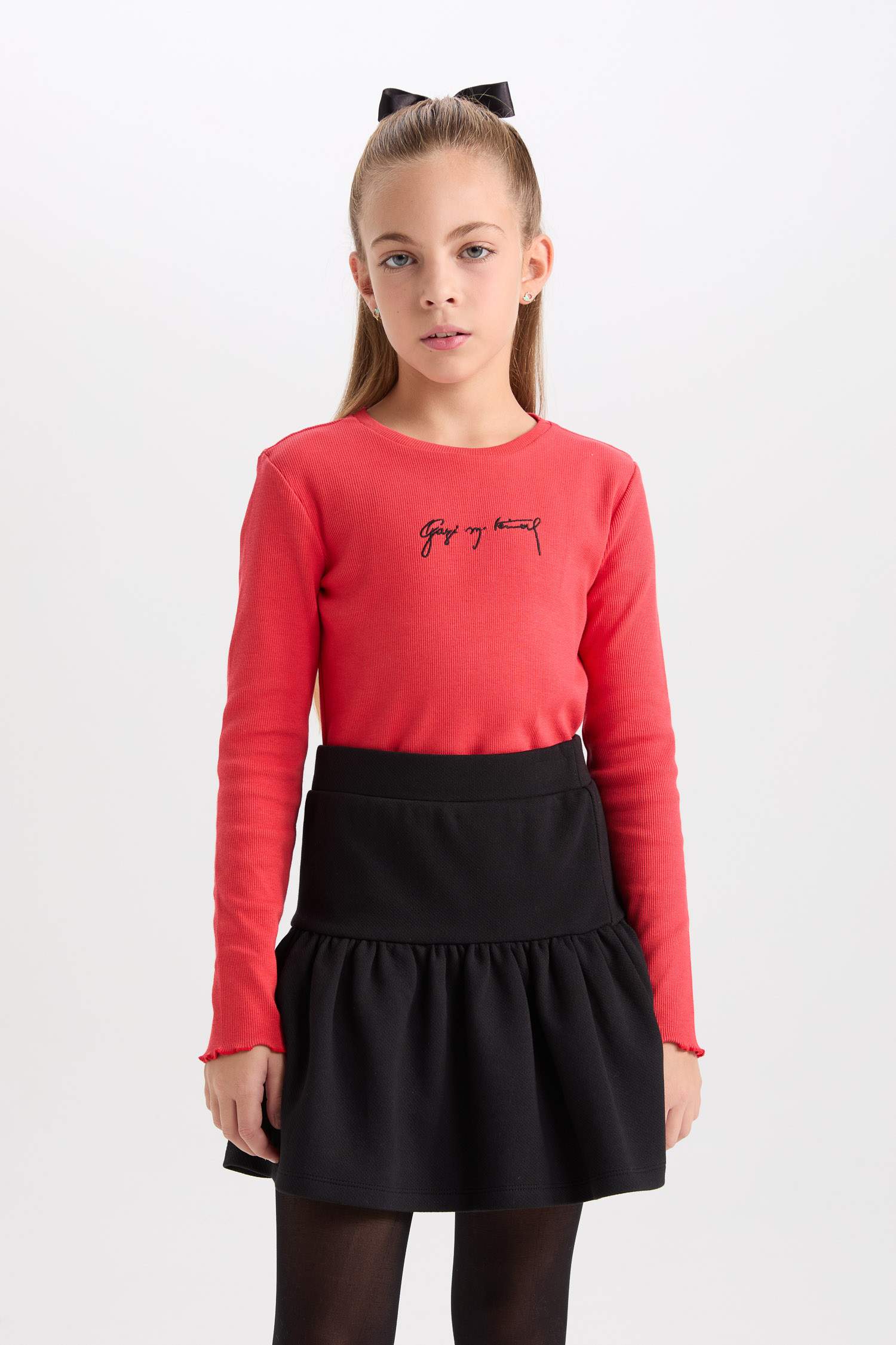 Kız Çocuk 2'li Takım Bisiklet Yaka Atatürk Nakışlı Kırmızı Ribana Uzun Kollu Tişört Fiyonk Toka