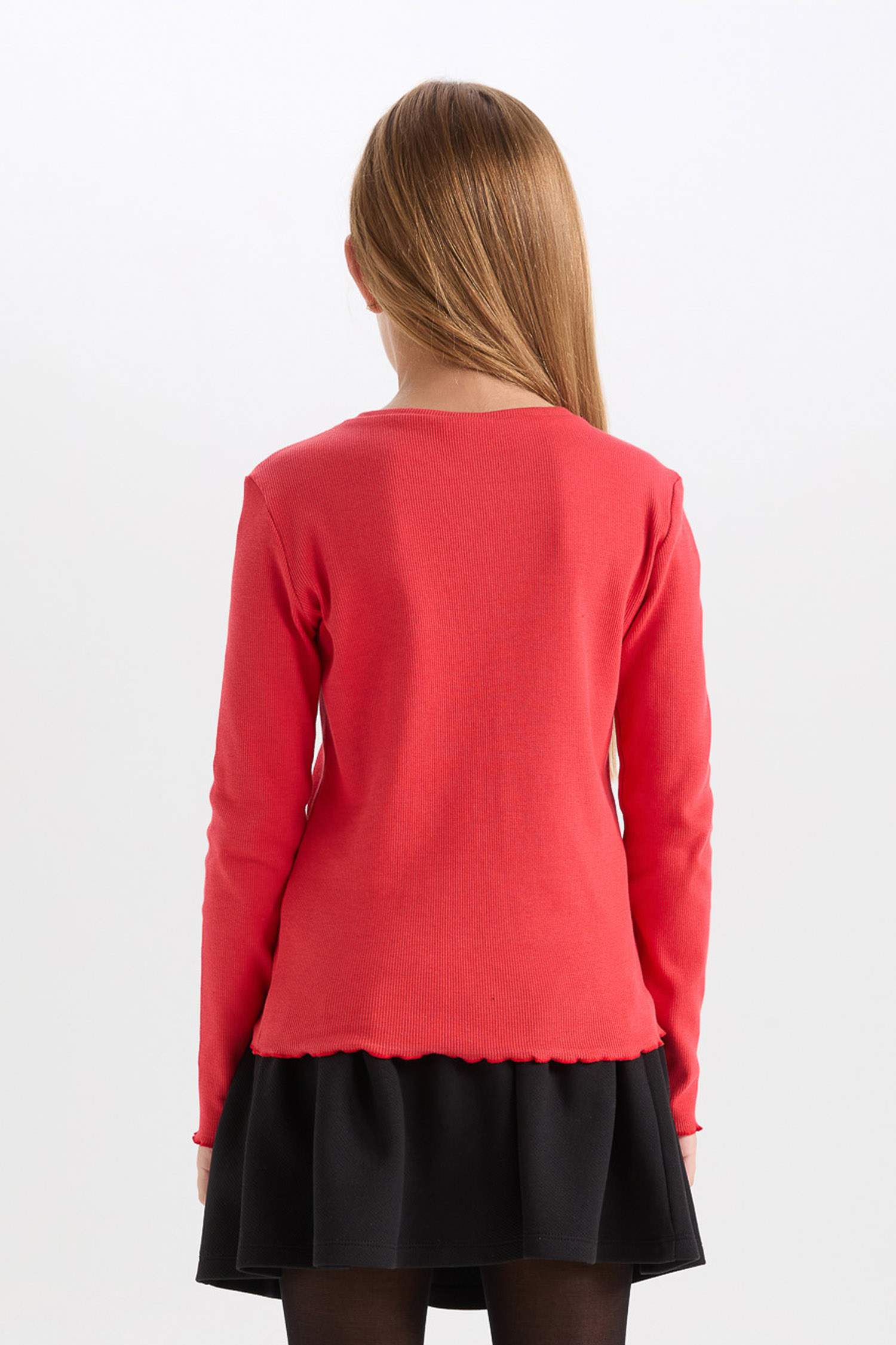 Kız Çocuk 2'li Takım Bisiklet Yaka Atatürk Nakışlı Kırmızı Ribana Uzun Kollu Tişört Fiyonk Toka