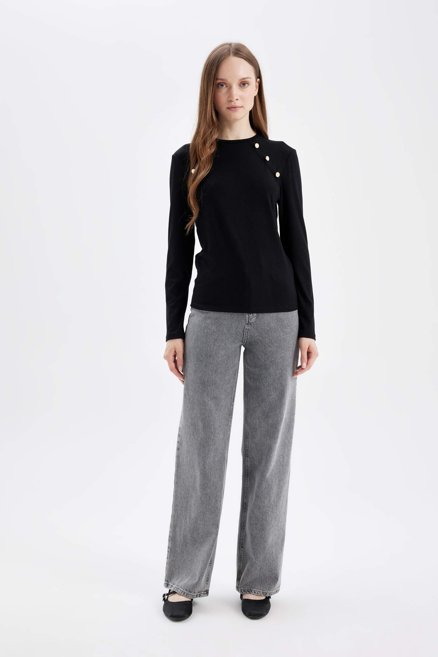 Fitilli Kaşkorse Düğmeli Uzun Kollu Basic Düz Siyah Tişört