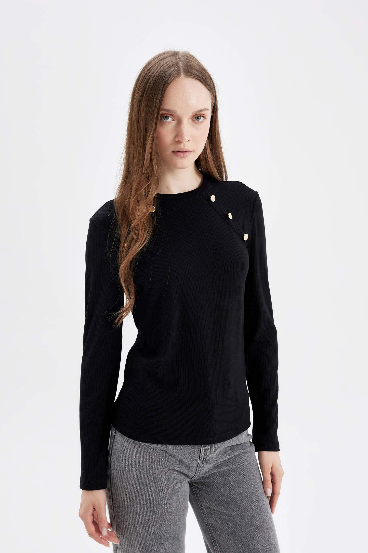 Fitilli Kaşkorse Düğmeli Uzun Kollu Basic Düz Siyah Tişört