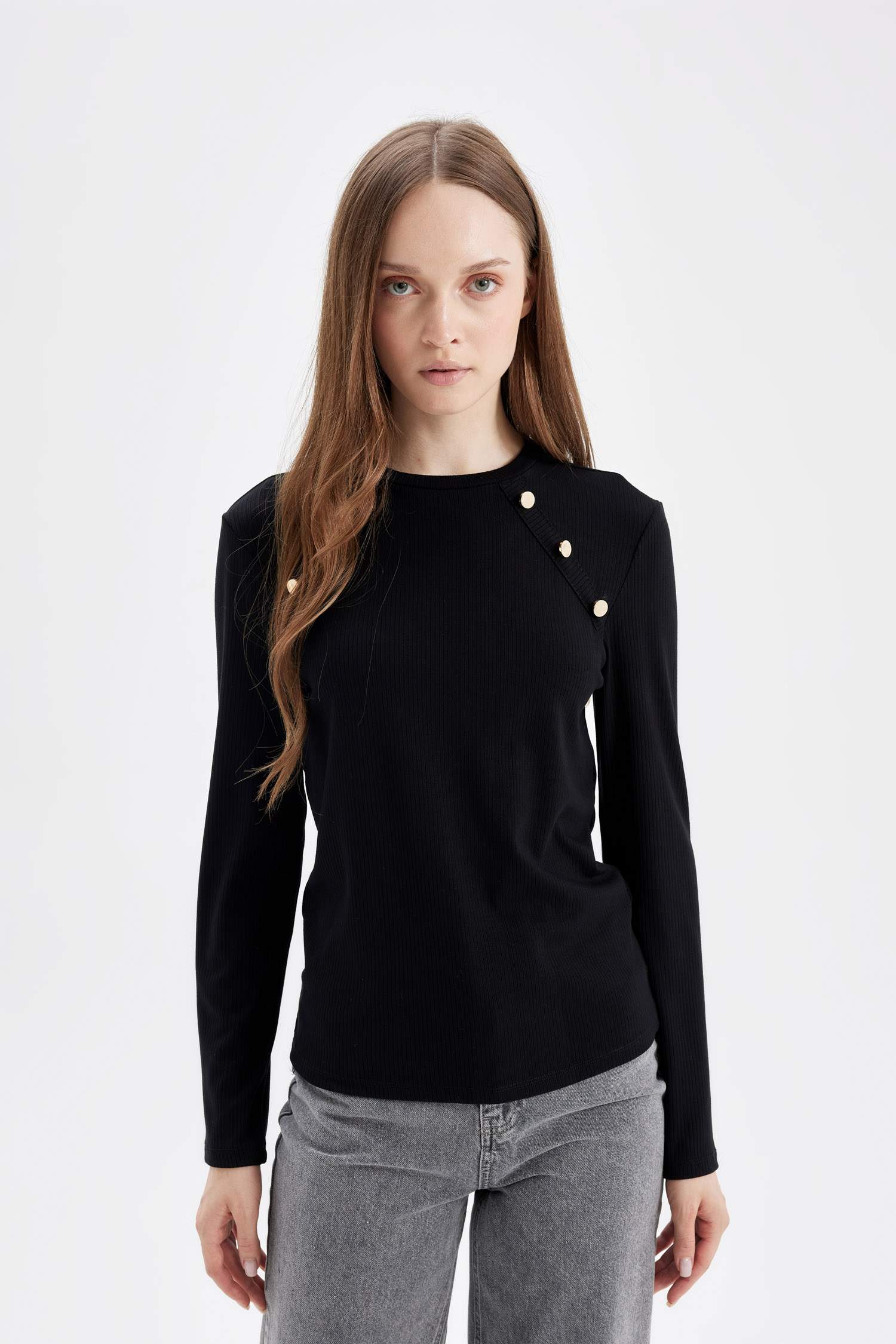 Fitilli Kaşkorse Düğmeli Uzun Kollu Basic Düz Siyah Tişört