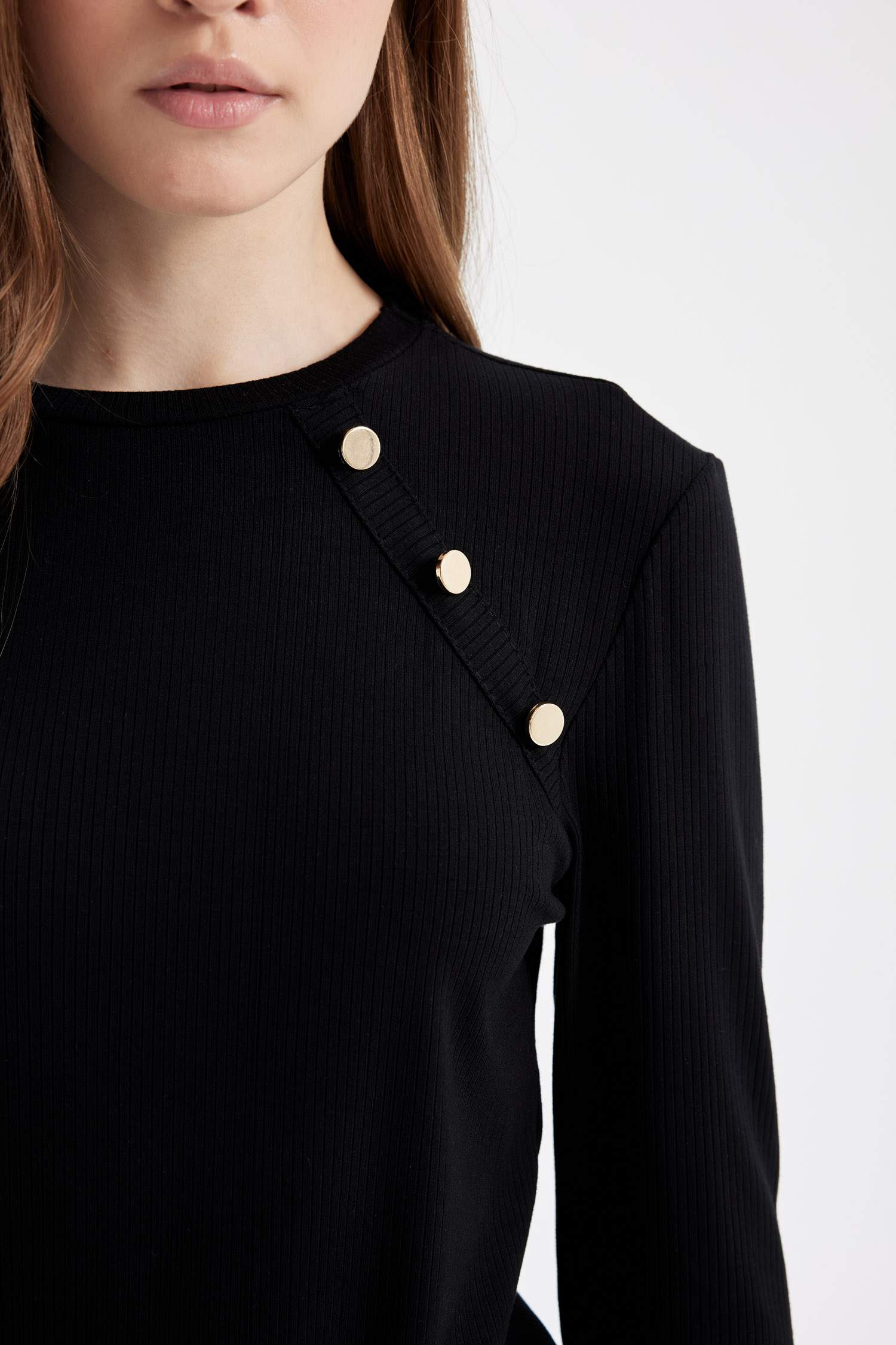 Fitilli Kaşkorse Düğmeli Uzun Kollu Basic Düz Siyah Tişört