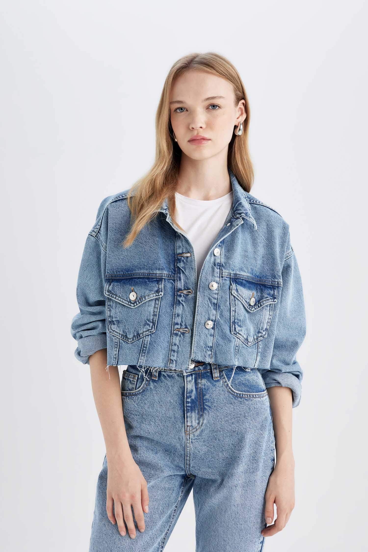 Crop Düğmeli Denim Ceket