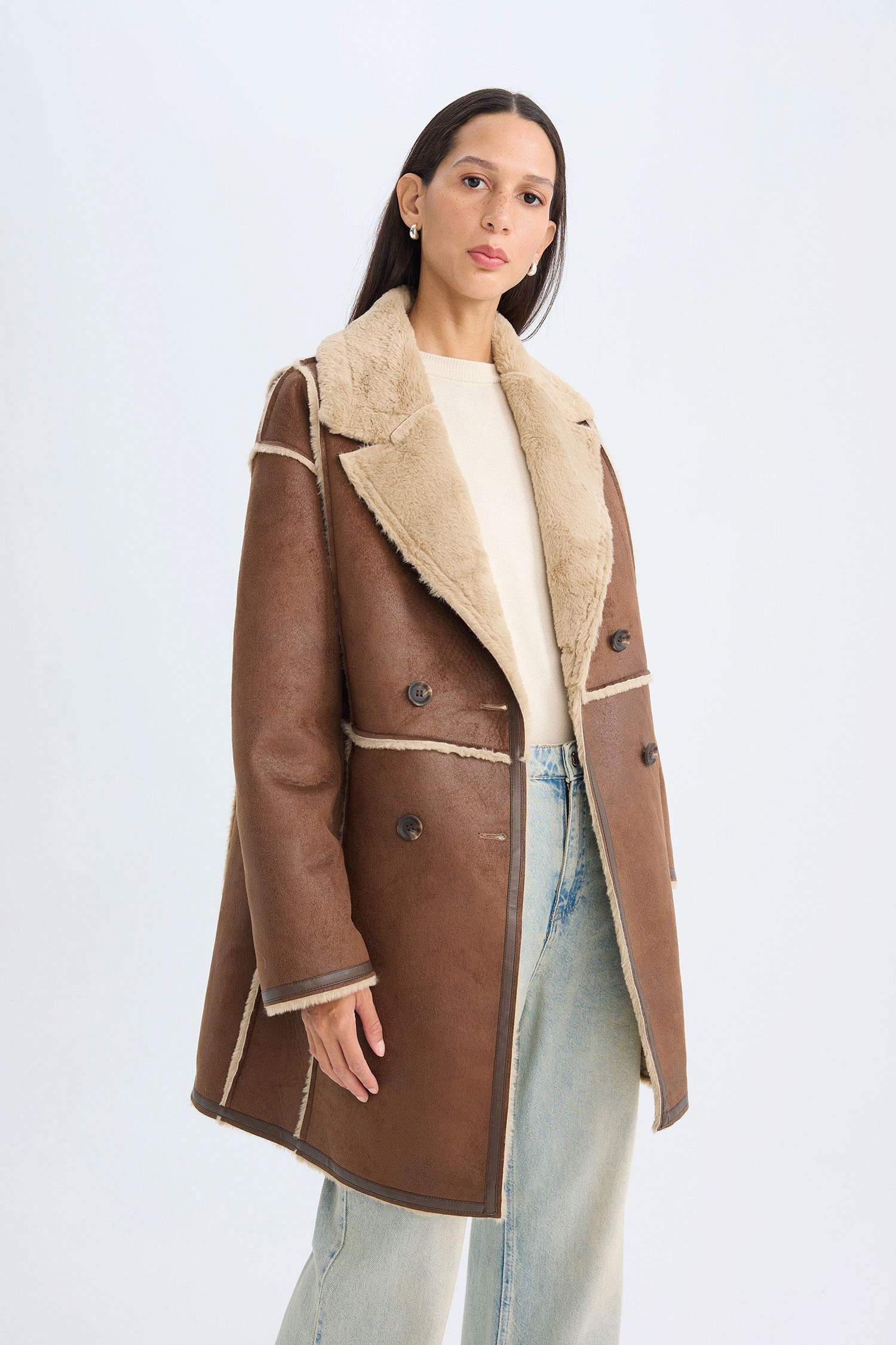 Ceket Yaka Süet Parka Mont Pelüş Astarlı Düğmeli Cepli