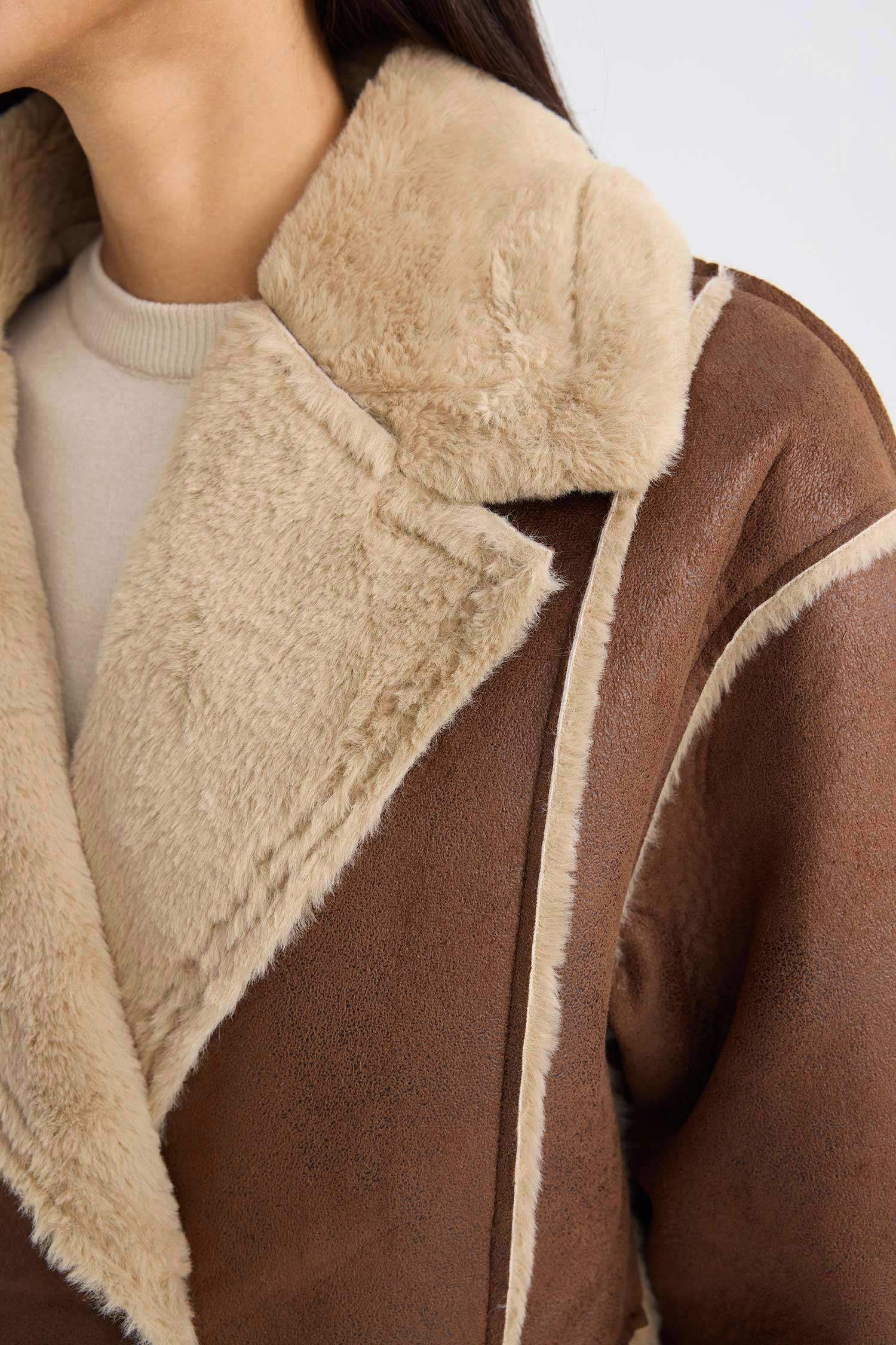 Ceket Yaka Süet Parka Mont Pelüş Astarlı Düğmeli Cepli