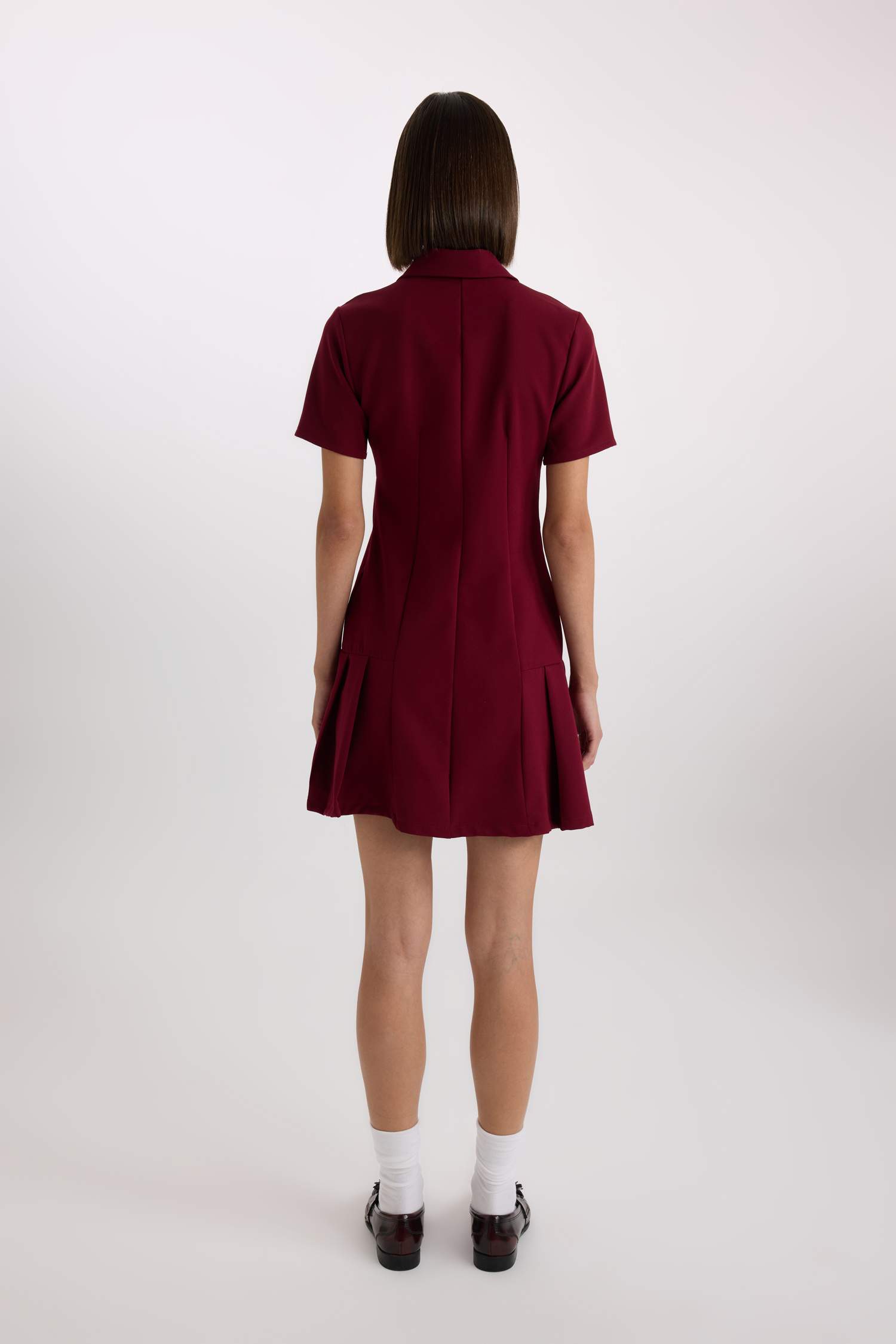 Polo Yaka Basic Düz Kısa Kollu Pileli Mini Elbise