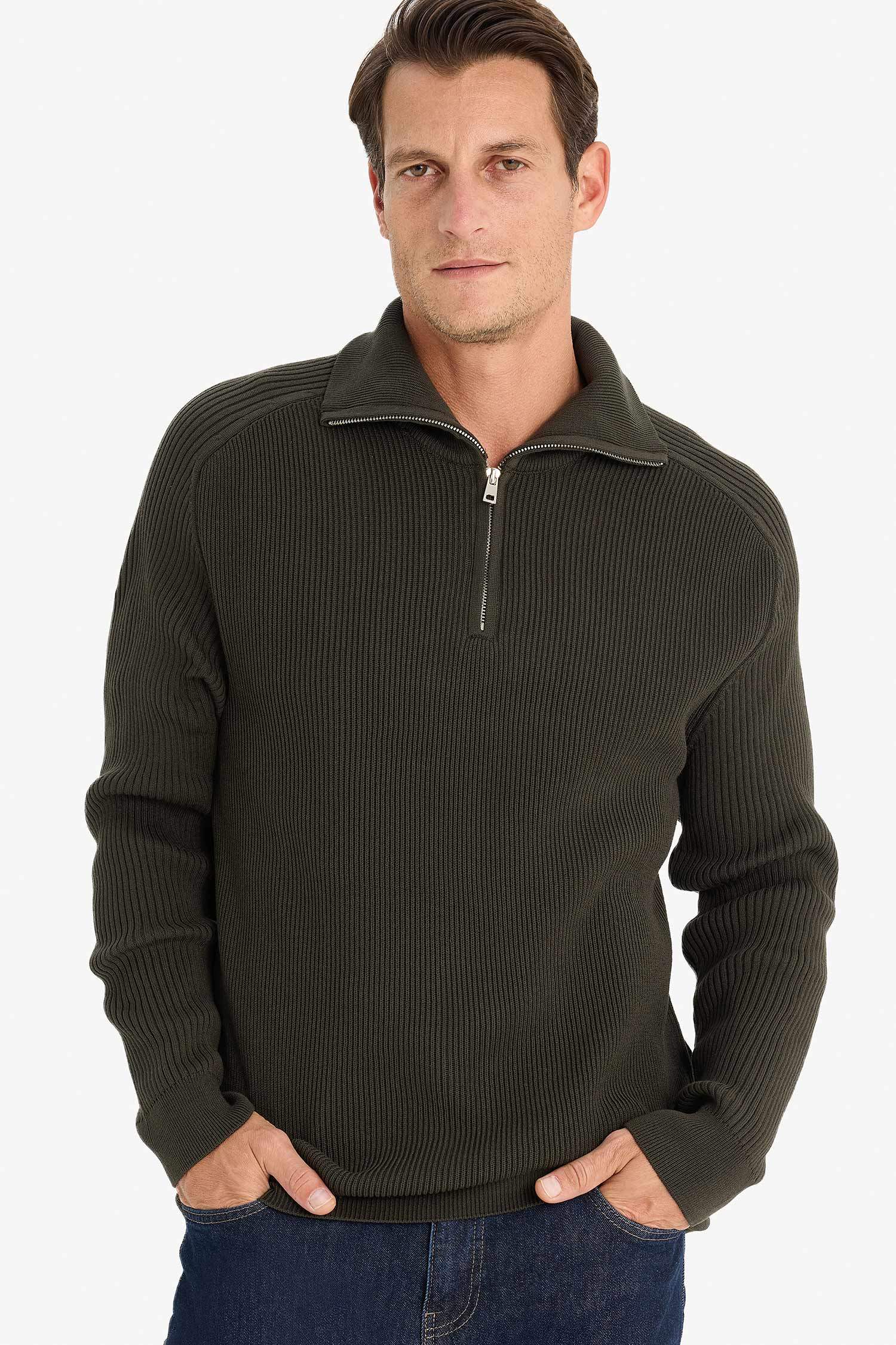 Standart Fit Dik Yaka Fermuarlı Triko Kazak