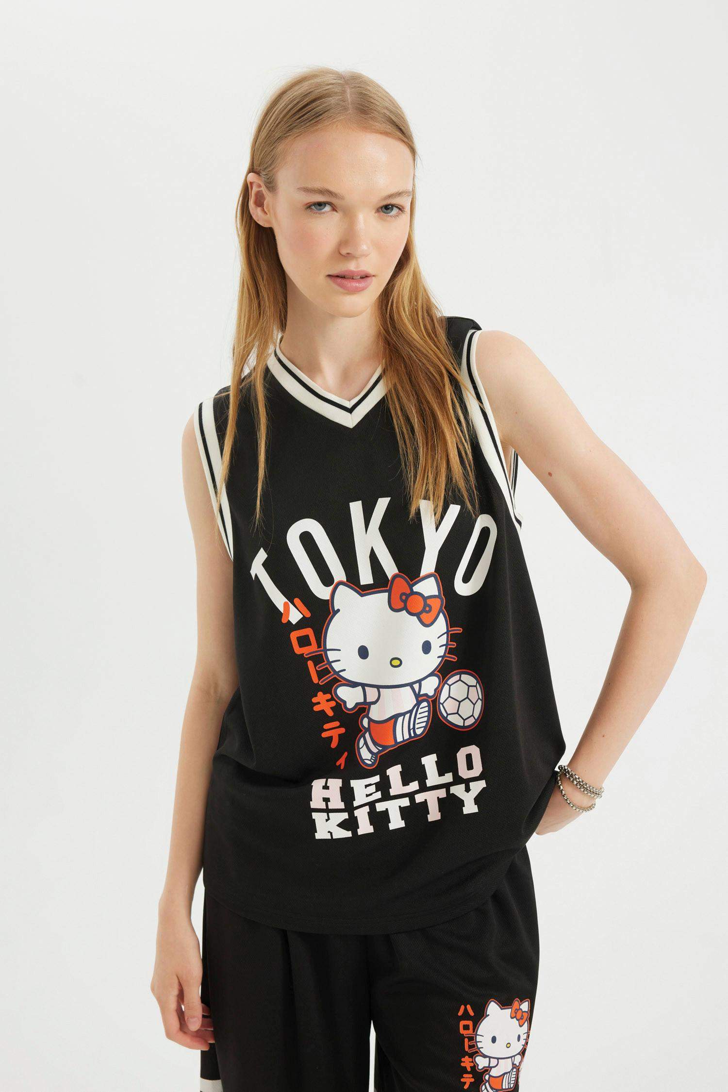 Hello Kitty Oversize Fit V-Neck Printed T-Shirt