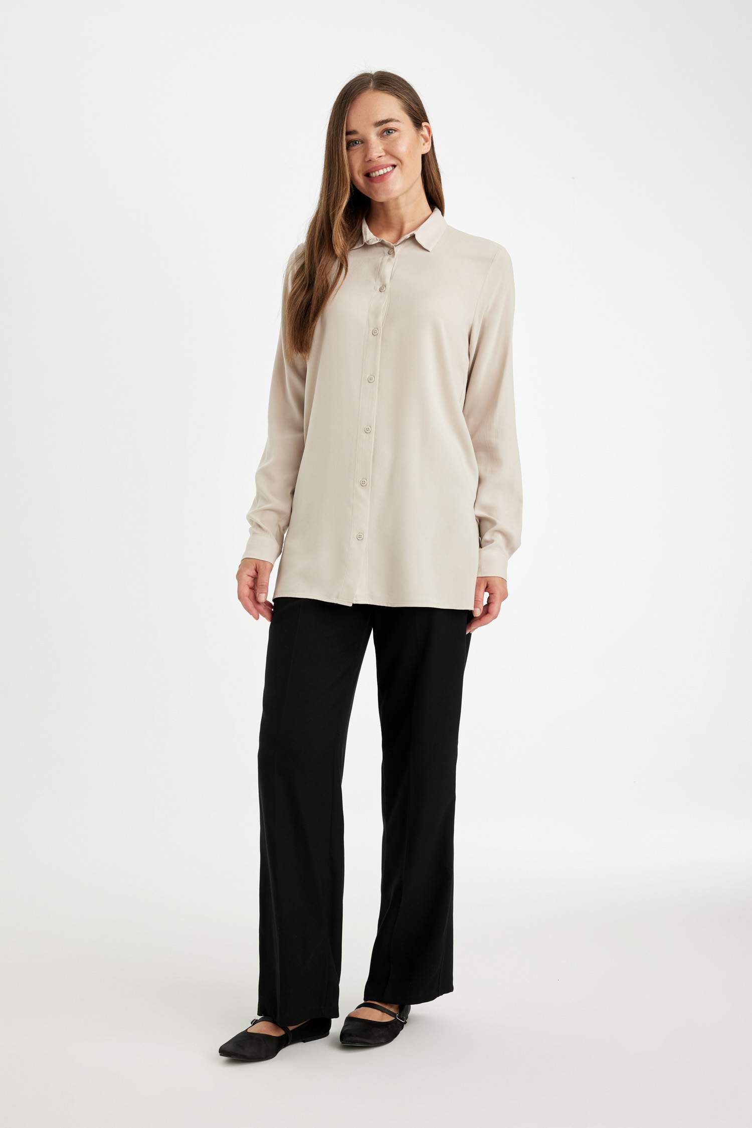 Regular Fit Basic Düz Düğmeli Uzun Kollu Gömlek