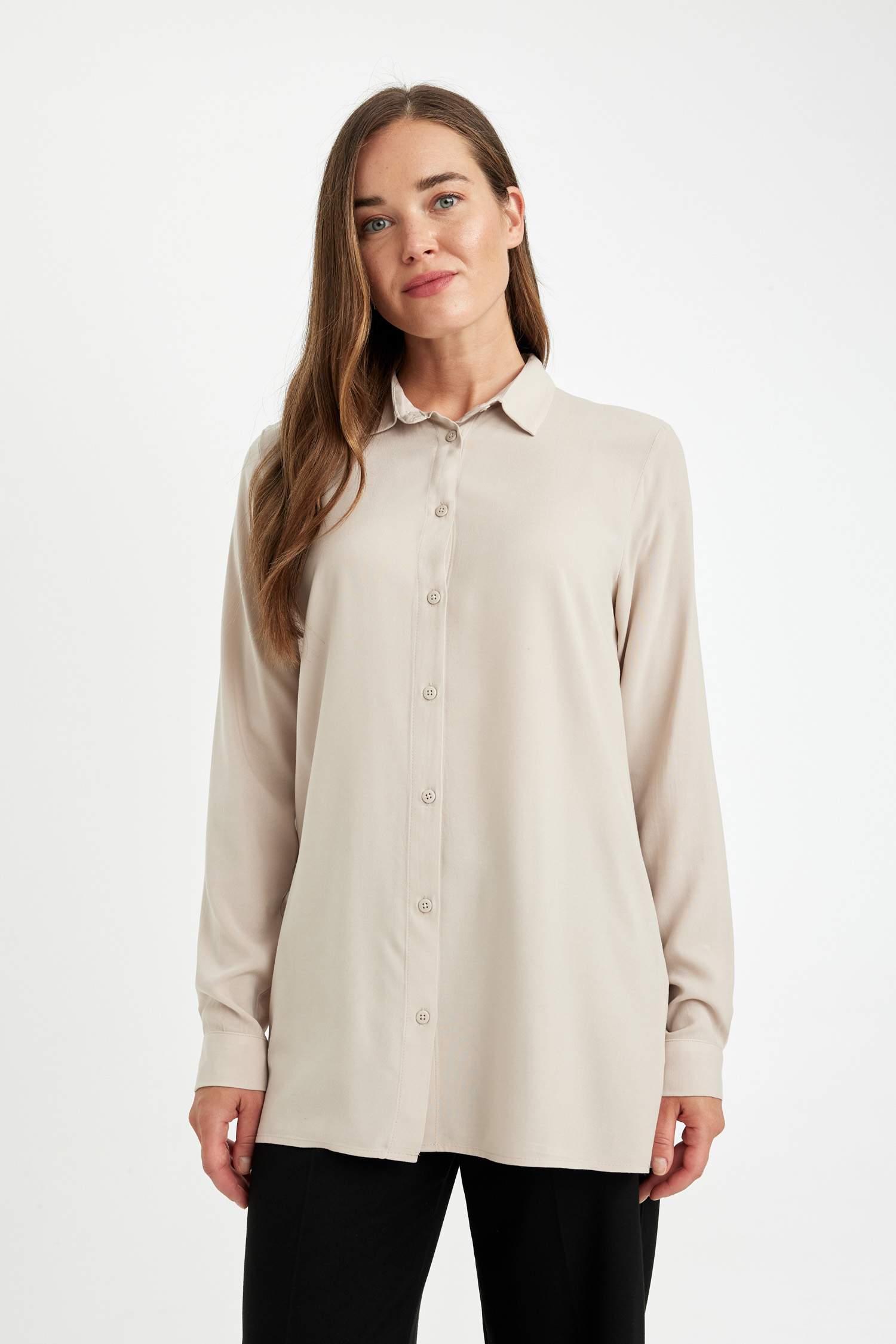 Regular Fit Basic Düz Düğmeli Uzun Kollu Gömlek