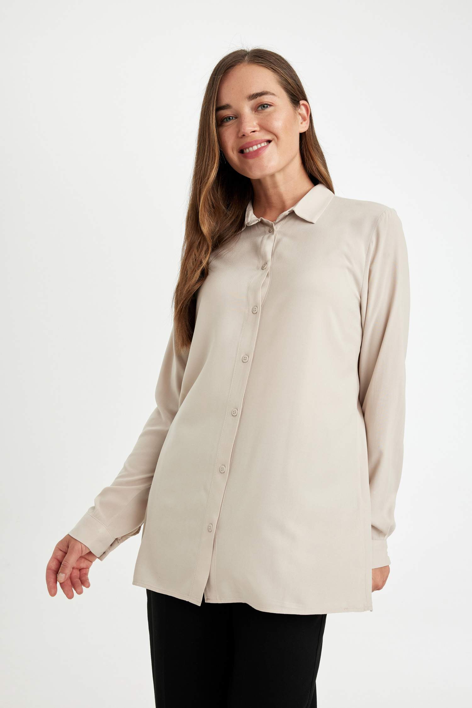 Regular Fit Basic Düz Düğmeli Uzun Kollu Gömlek