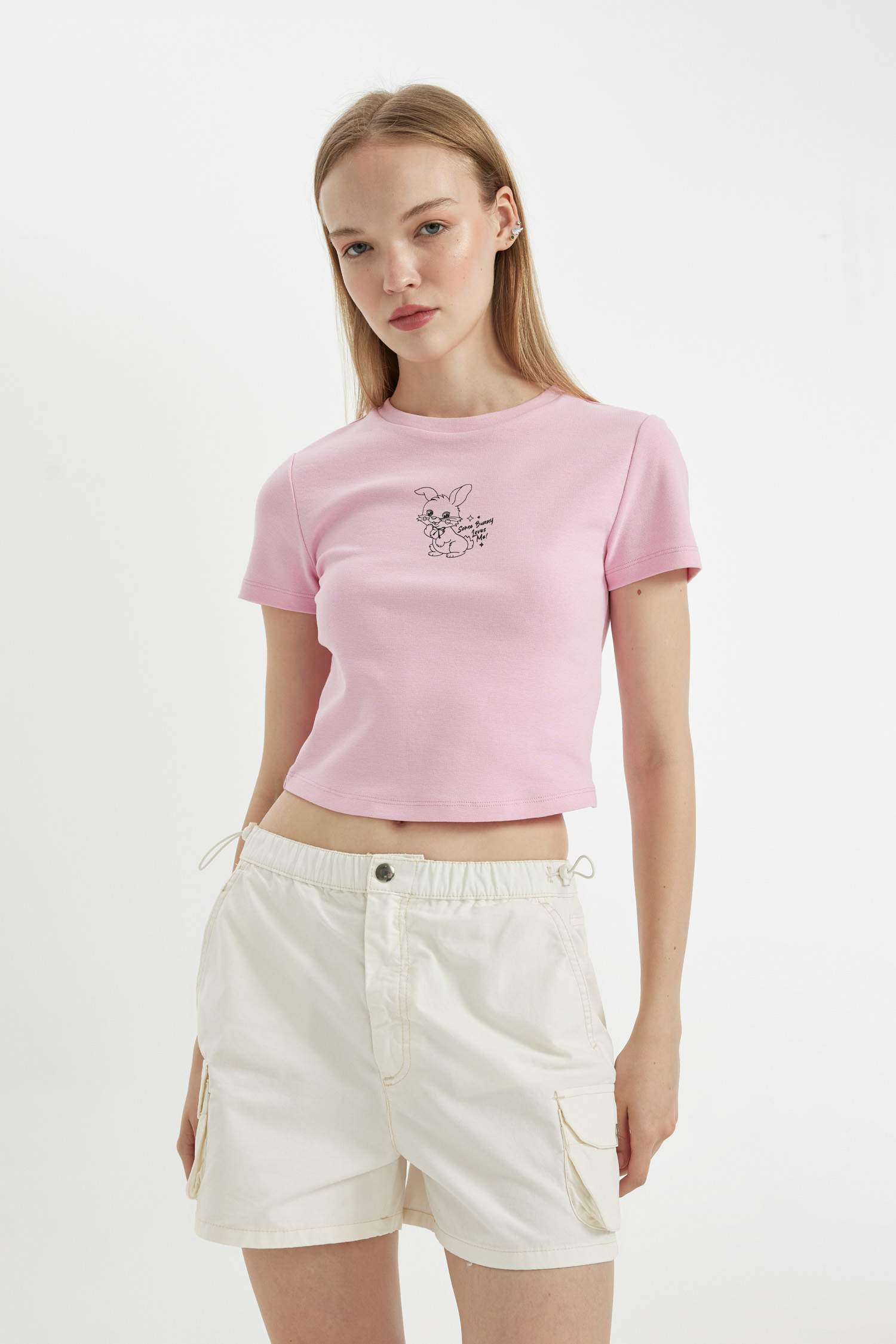 T-Shirt Slim Manches Courtes en Tricot Côtelé avec Motif Cœur Brodé