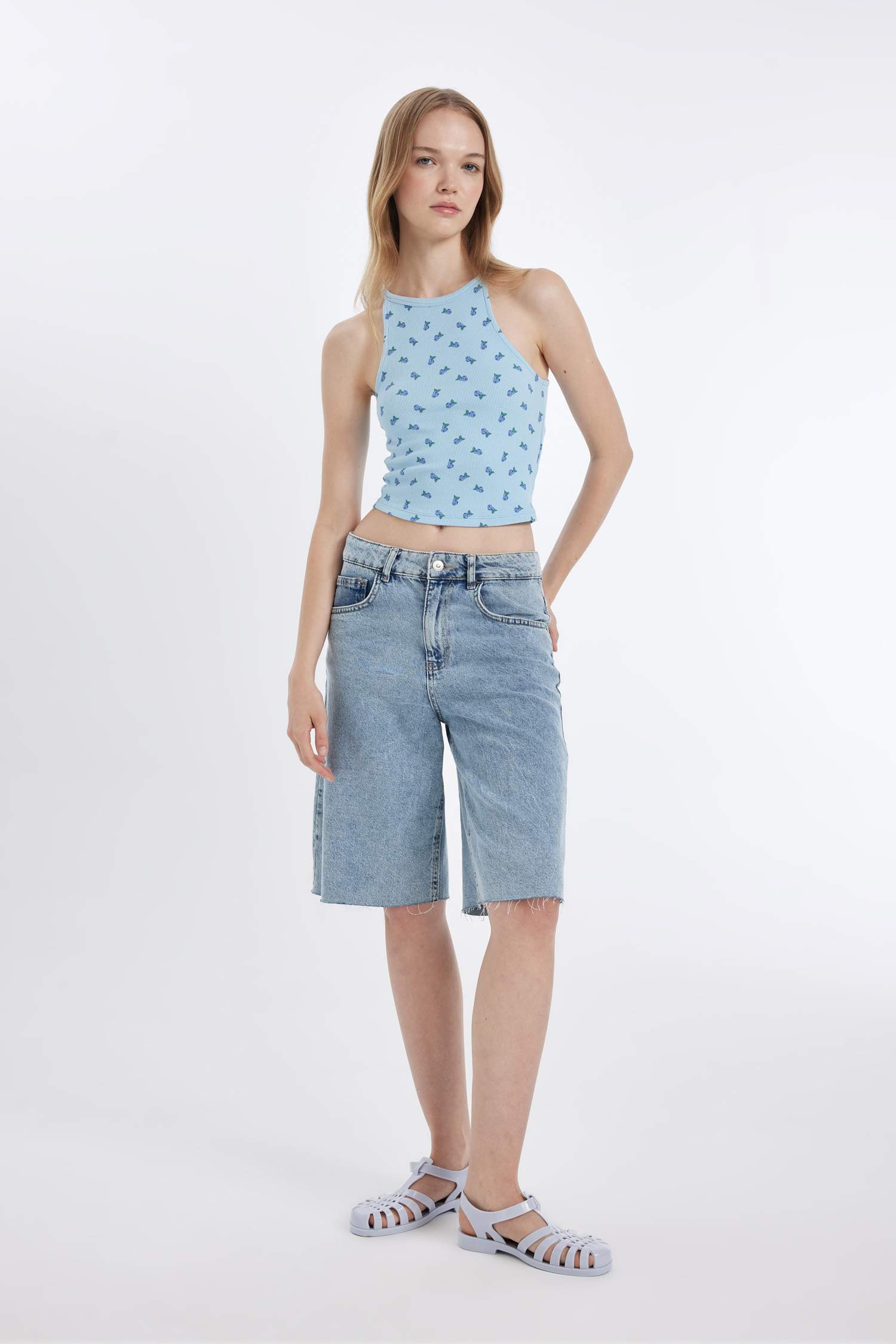 Fitted Halter Collar Patterned Tank Top