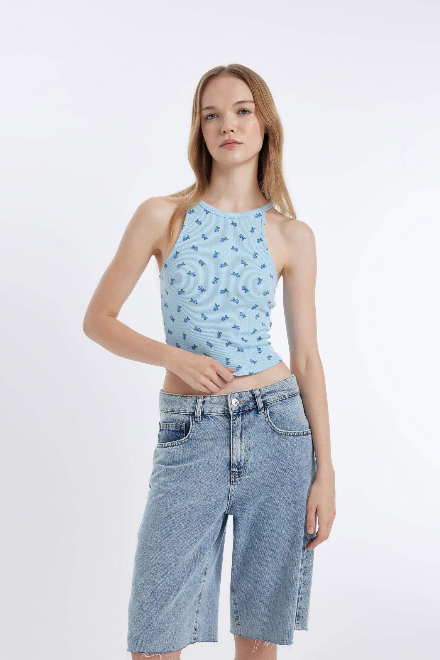 Fitted Halter Collar Patterned Tank Top