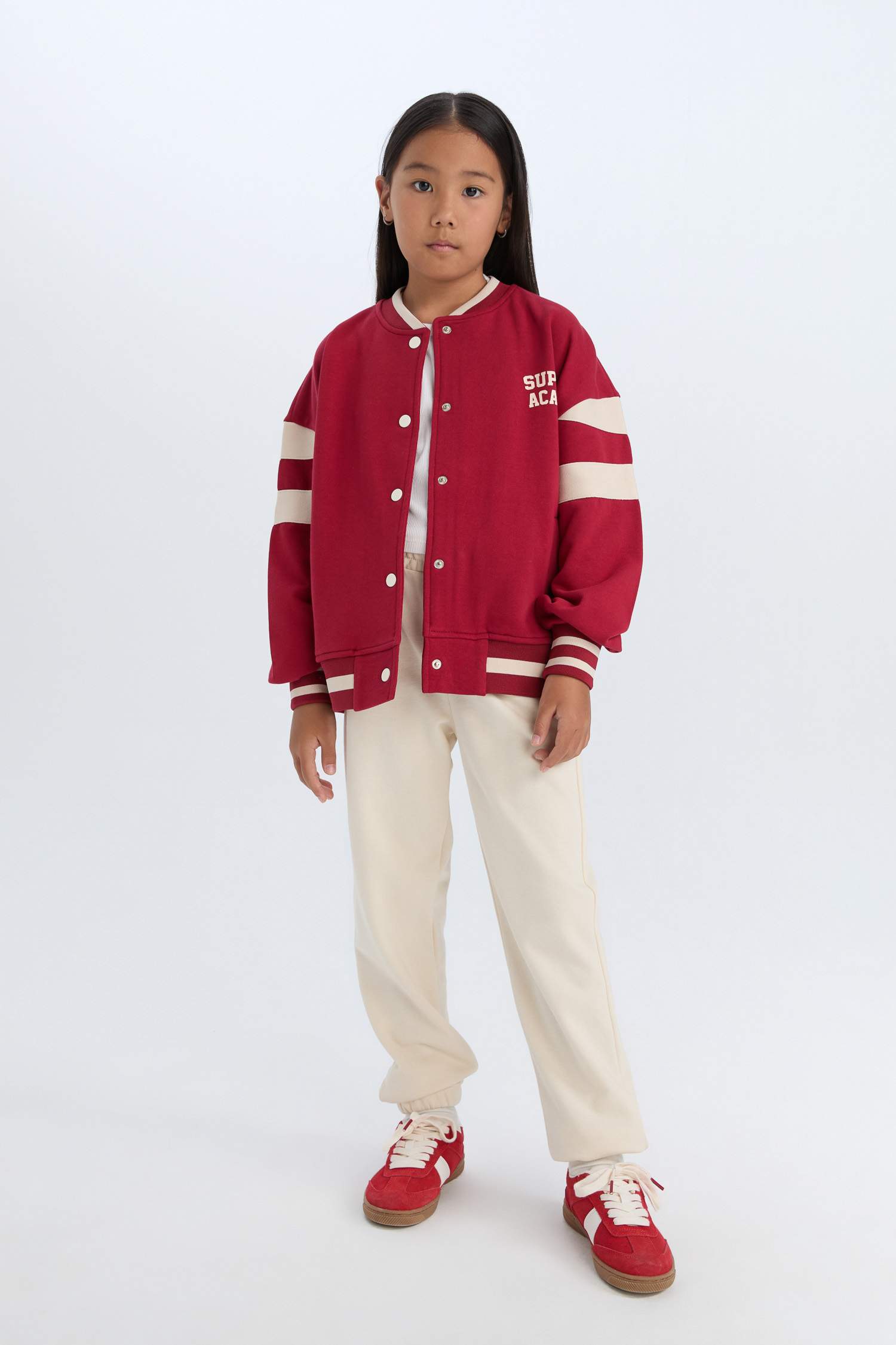 Kız Çocuk Kolej Yaka Baskılı Çıtçıtlı İçi Yumuşak Tüylü Bomber Okul Hırkası