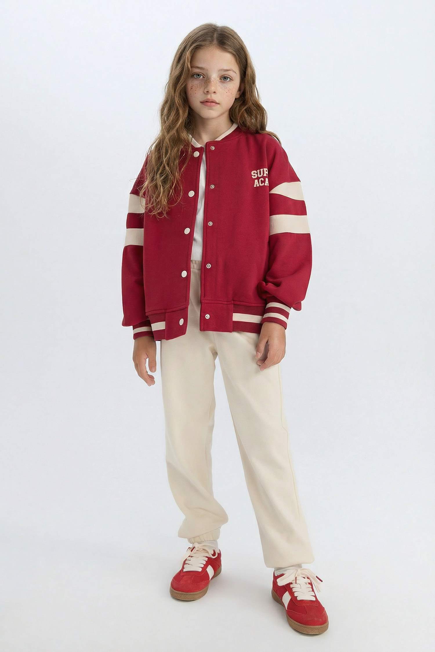 Girl College Collar Printed Snap Closure Soft Furry Inside Bomber Jacket