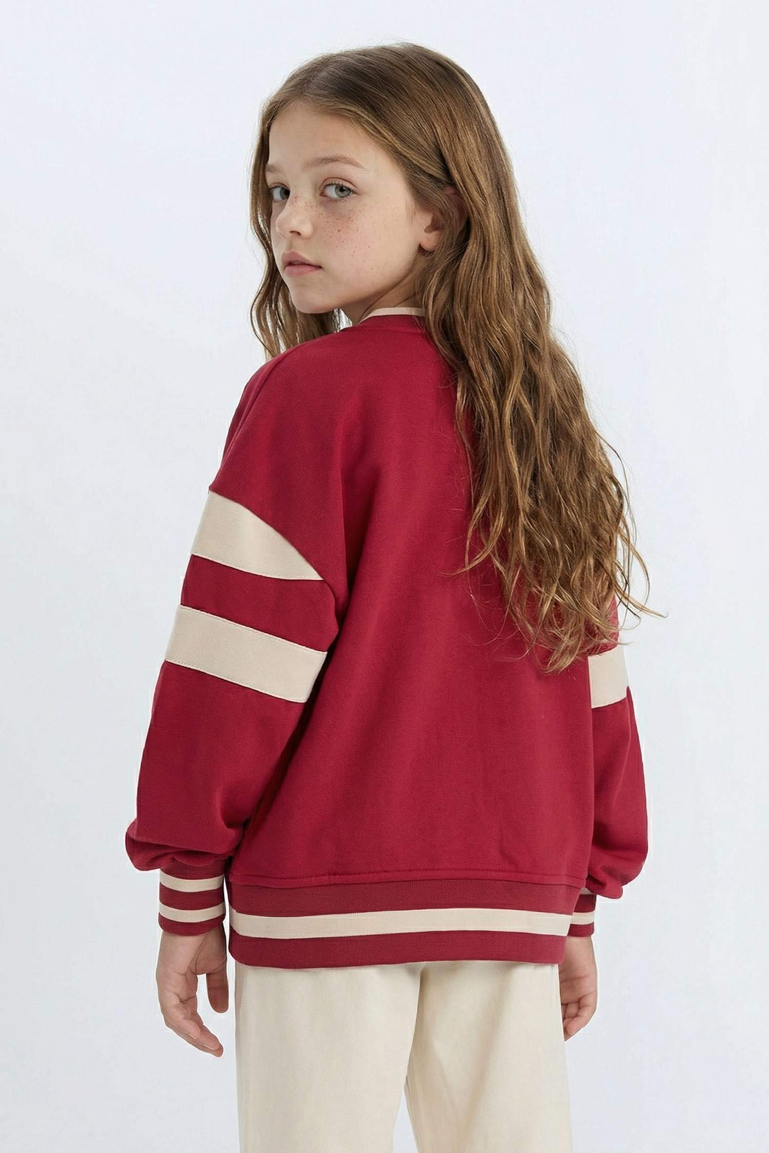 Girl College Collar Printed Snap Closure Soft Furry Inside Bomber Jacket