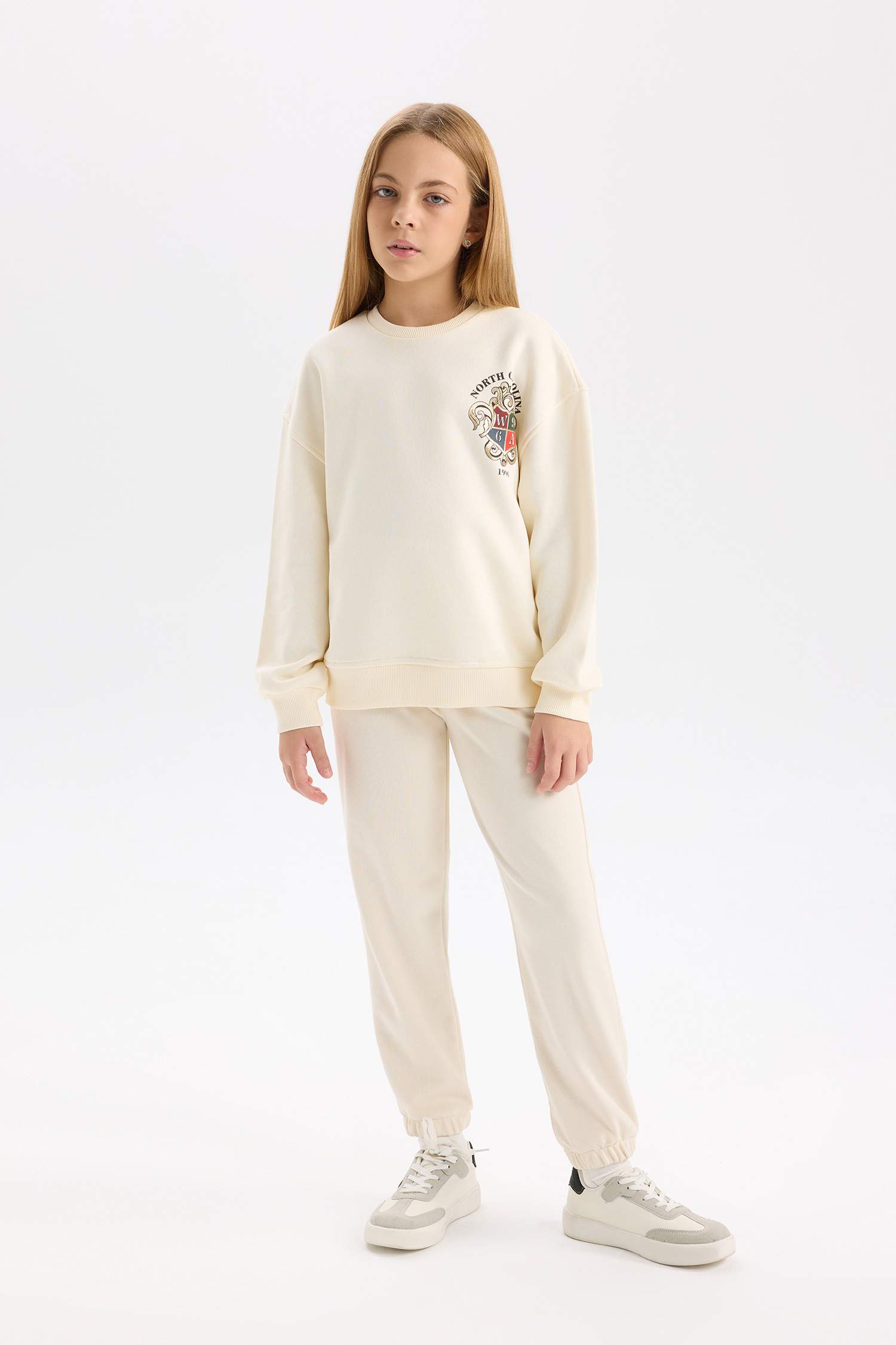 Kız Çocuk Relax Fit Bisiklet Yaka Baskılı İçi Yumuşak Tüylü Okul Sweatshirt