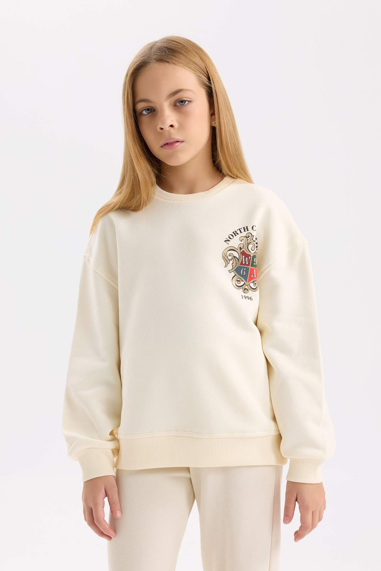 Kız Çocuk Relax Fit Bisiklet Yaka Baskılı İçi Yumuşak Tüylü Okul Sweatshirt