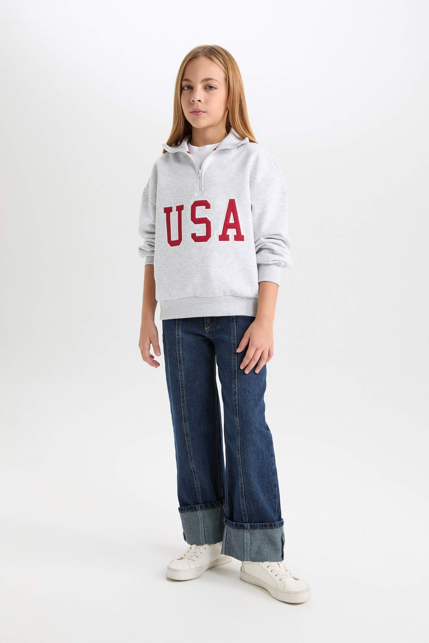 Kız Çocuk Relax Fit Yarım Fermuarlı Baskılı İçi Yumuşak Tüylü Okul Sweatshirt