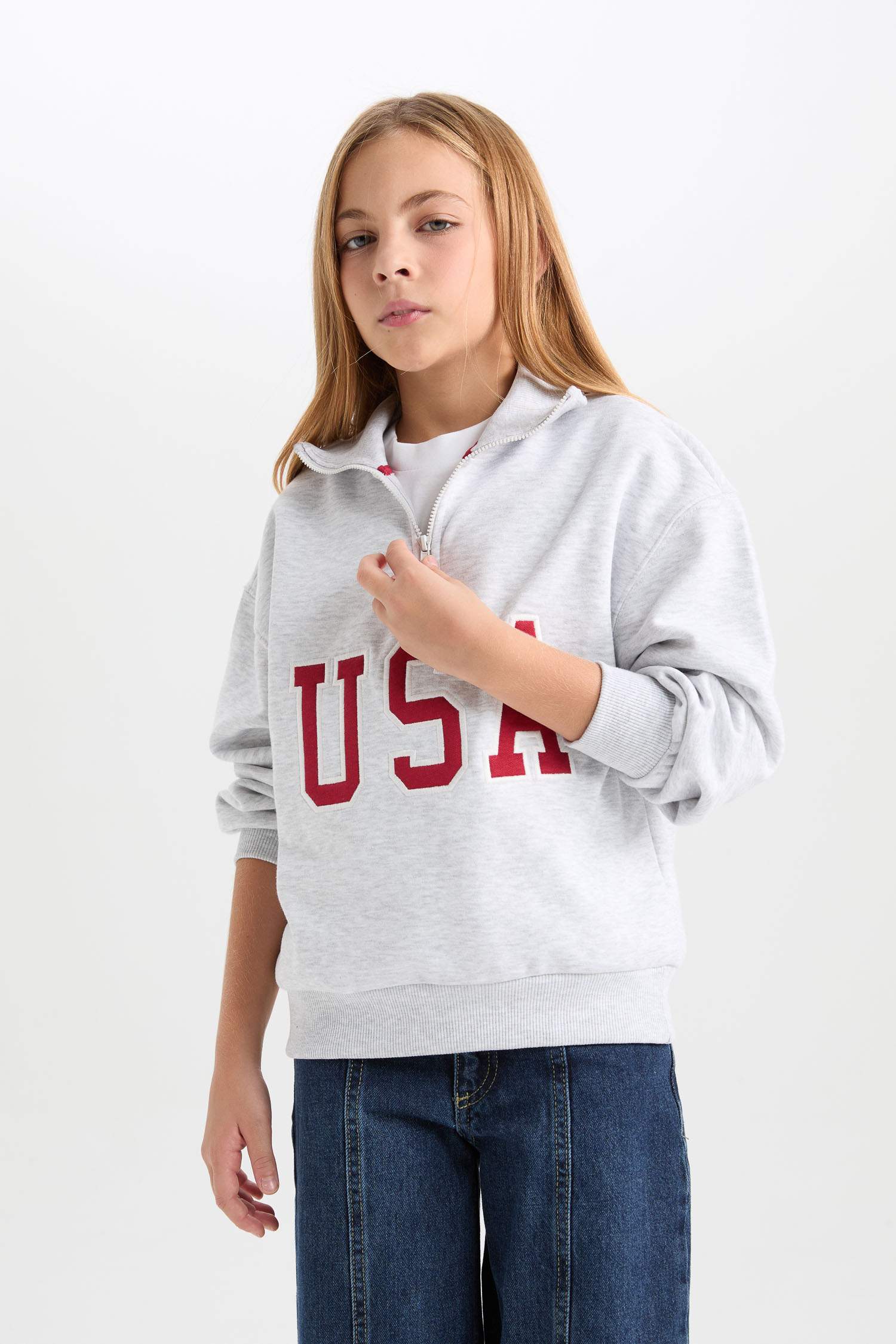 Kız Çocuk Relax Fit Yarım Fermuarlı Baskılı İçi Yumuşak Tüylü Okul Sweatshirt