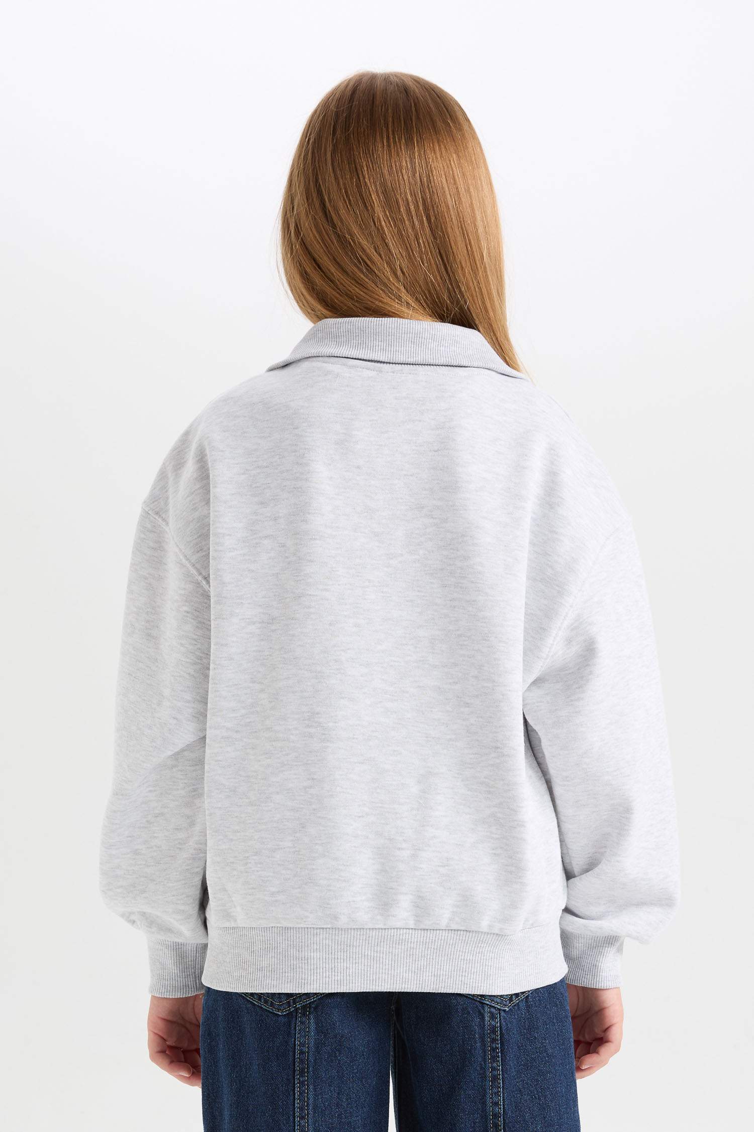 Kız Çocuk Relax Fit Yarım Fermuarlı Baskılı İçi Yumuşak Tüylü Okul Sweatshirt