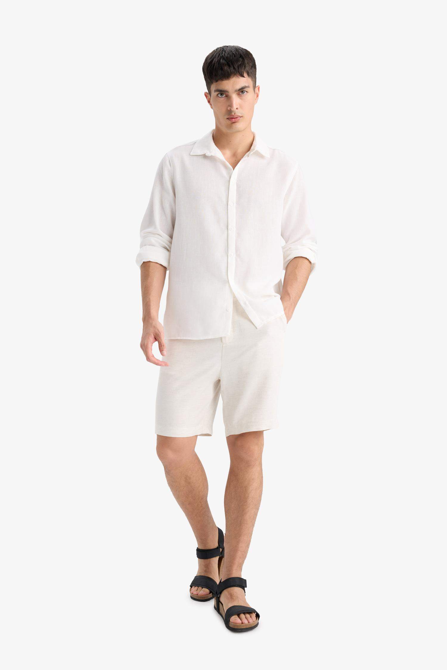 Regular Fit Straight Leg Linen Blend Bermuda Shorts