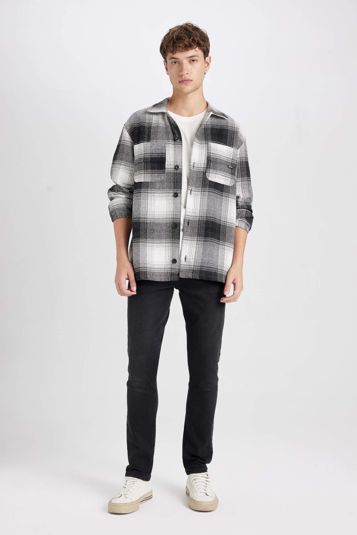 Siyah Relax Fit Polo Yaka Kareli Oduncu Flanel Uzun Kollu Gömlek Ceket