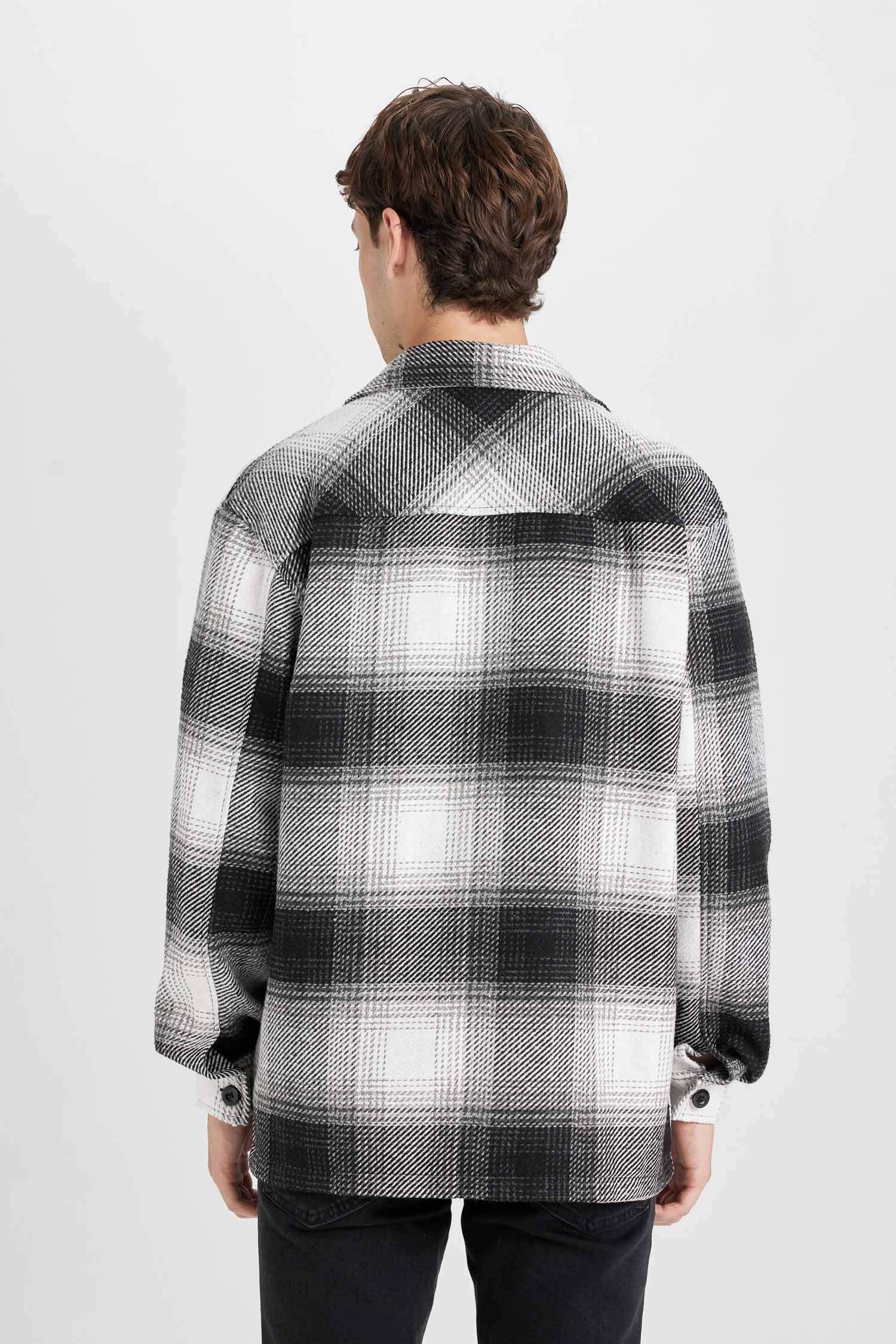 Siyah Relax Fit Polo Yaka Kareli Oduncu Flanel Uzun Kollu Gömlek Ceket