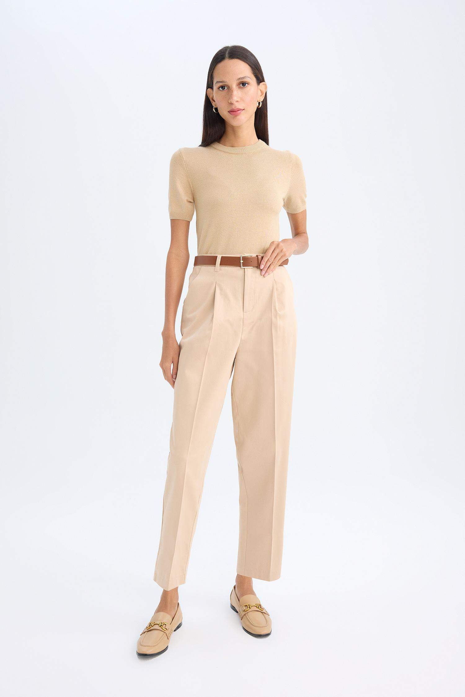 Carrot Fit Kemerli Klasik Pantolon Yüksek Bel Dar Paça Piliseli Basic Düz Kısa Paça