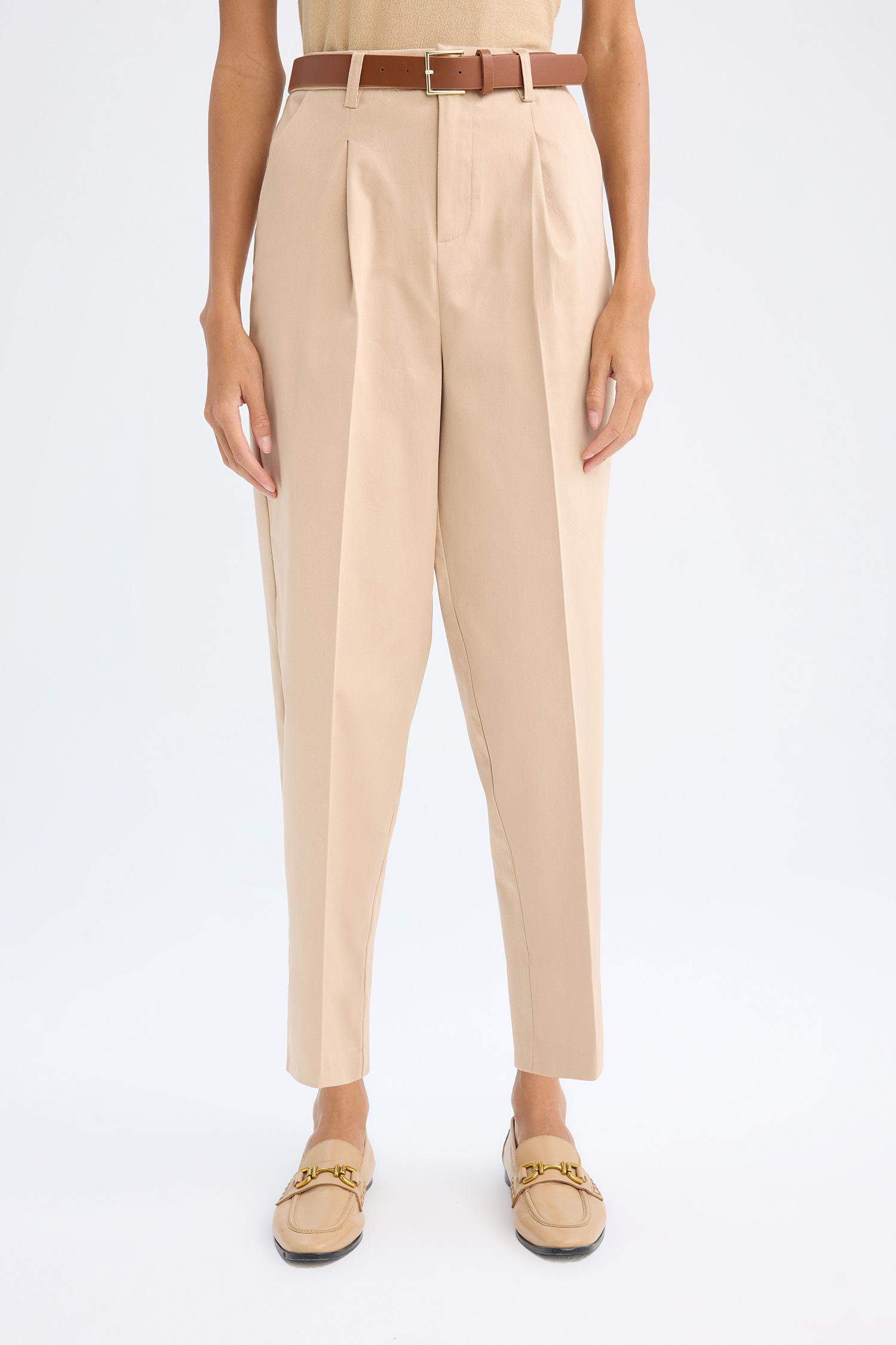 Carrot Fit Kemerli Klasik Pantolon Yüksek Bel Dar Paça Piliseli Basic Düz Kısa Paça