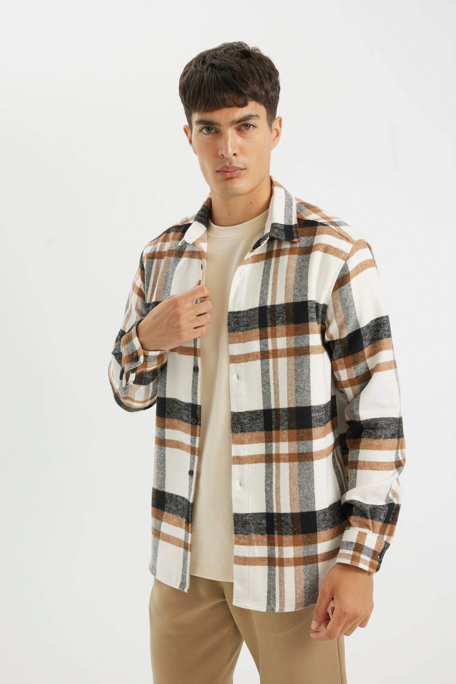 поло жаға чек фланель Ұзын жеңді көйлек