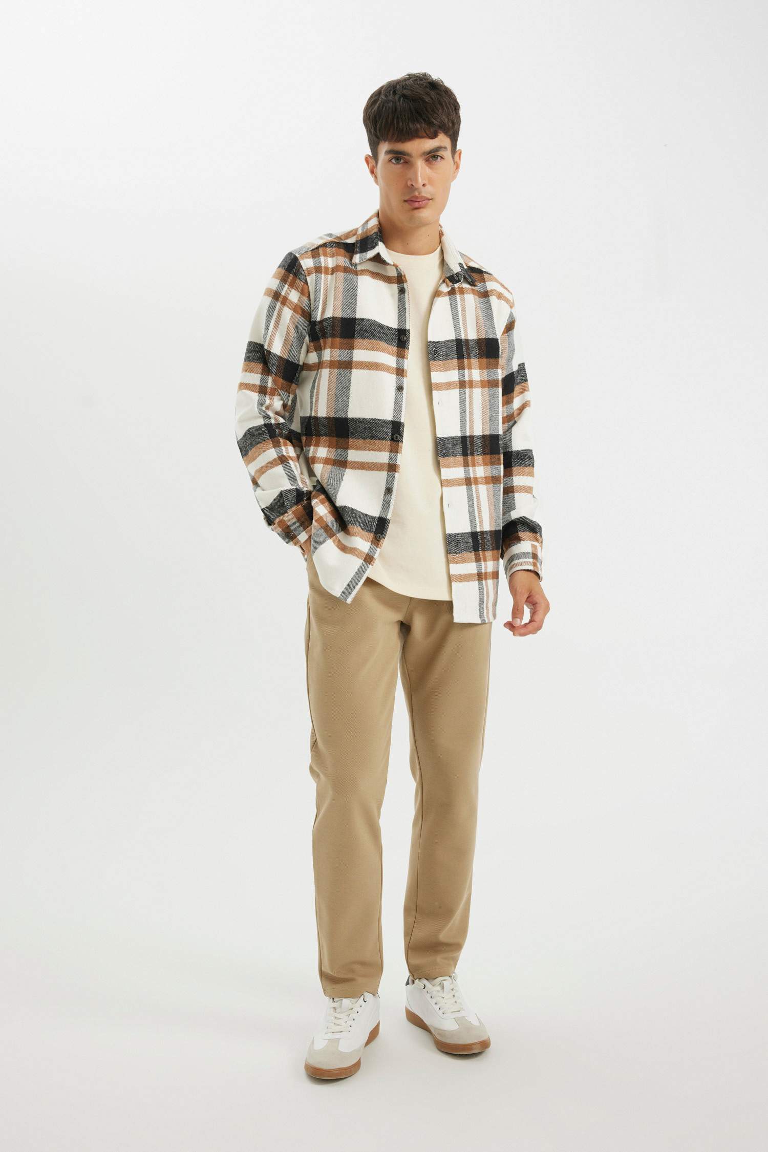 поло жаға чек фланель Ұзын жеңді көйлек