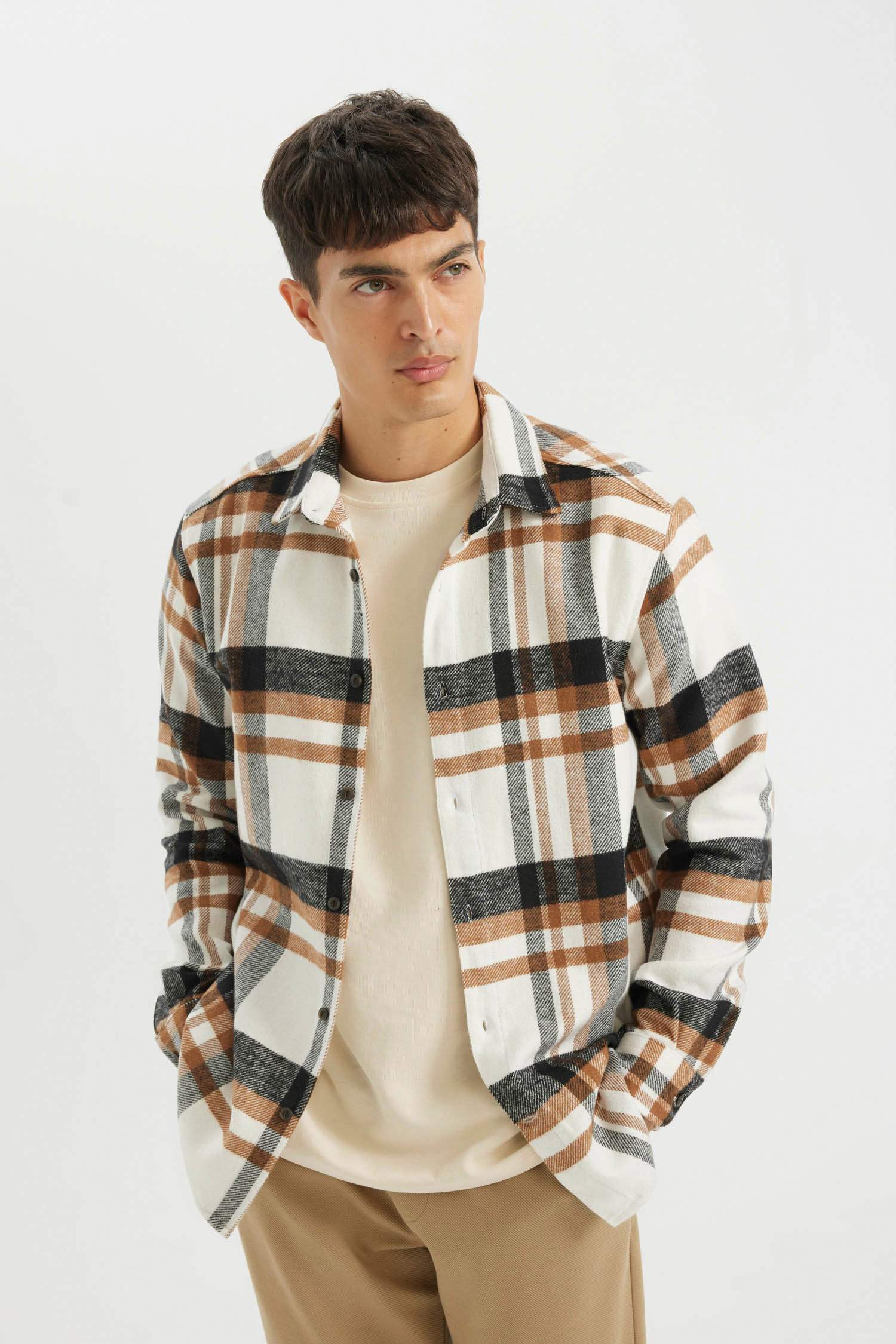 поло жаға чек фланель Ұзын жеңді көйлек