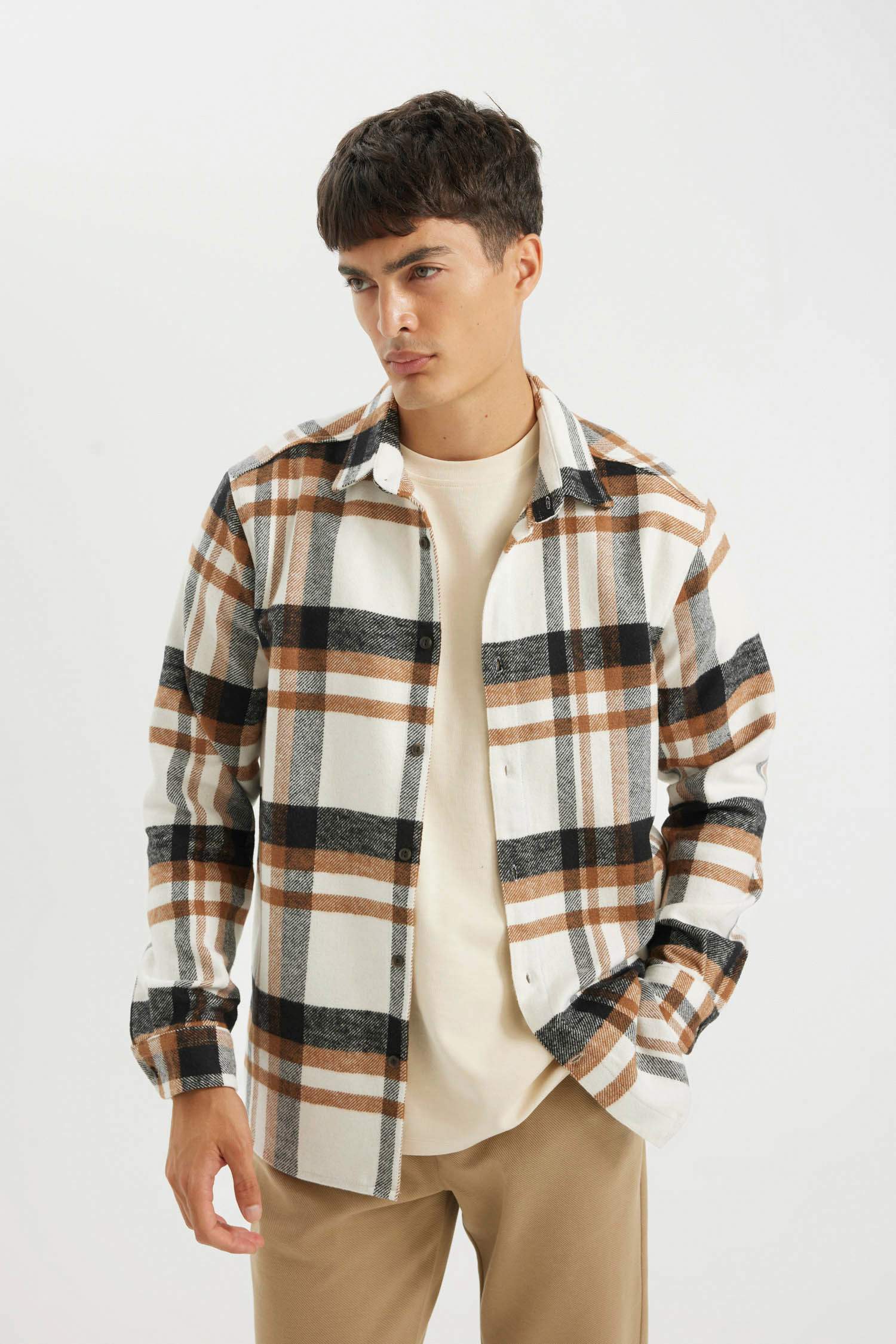 поло жаға чек фланель Ұзын жеңді көйлек