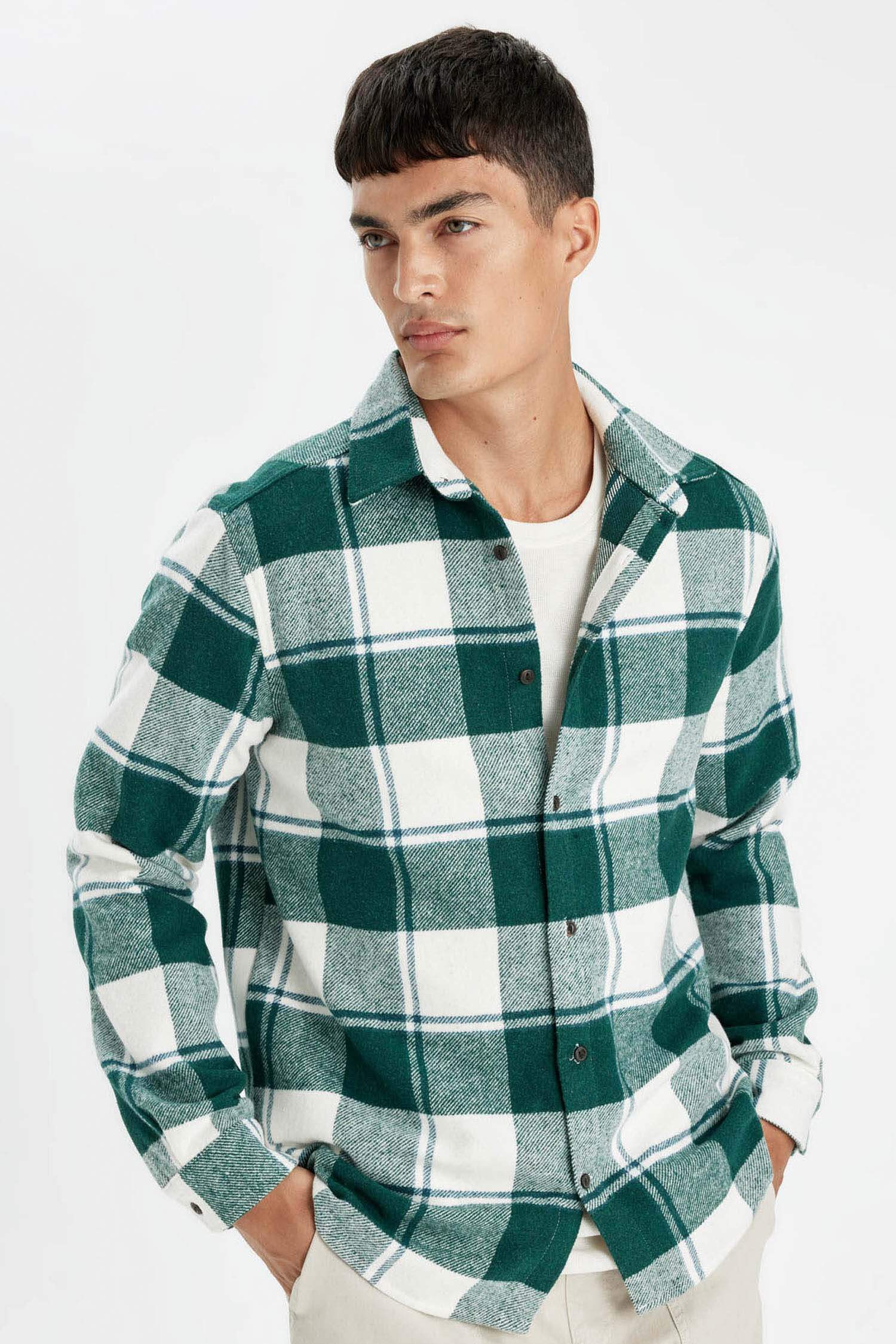 поло жаға чек фланель Ұзын жеңді көйлек