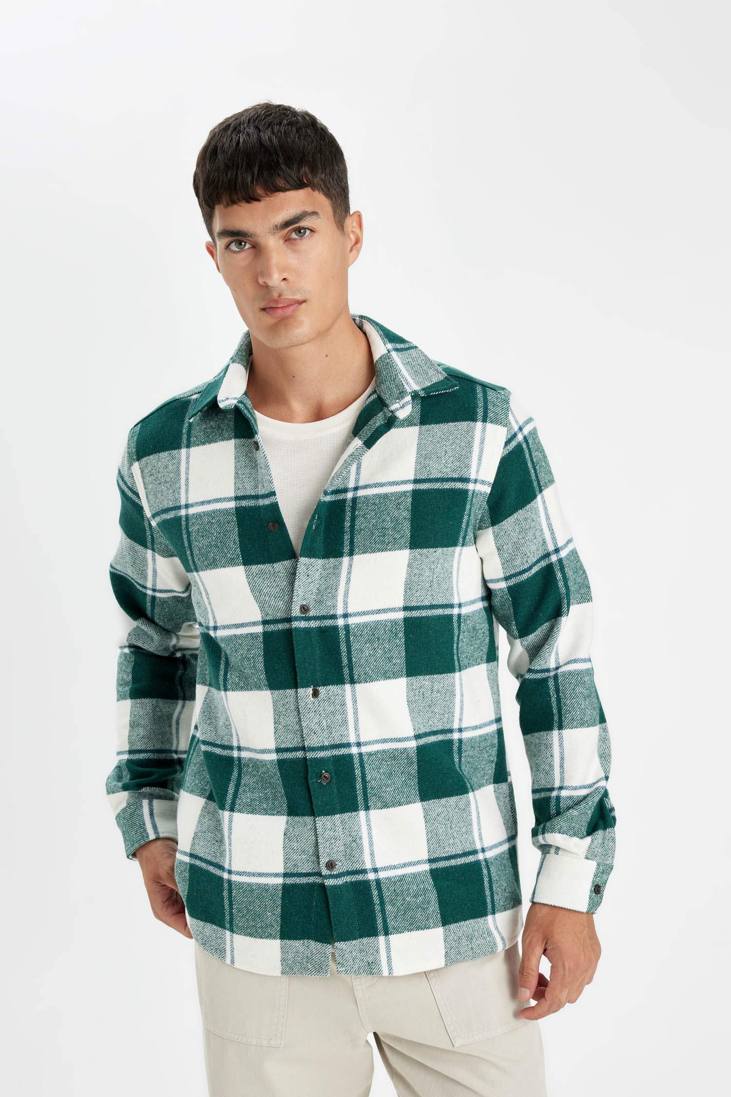 поло жаға чек фланель Ұзын жеңді көйлек