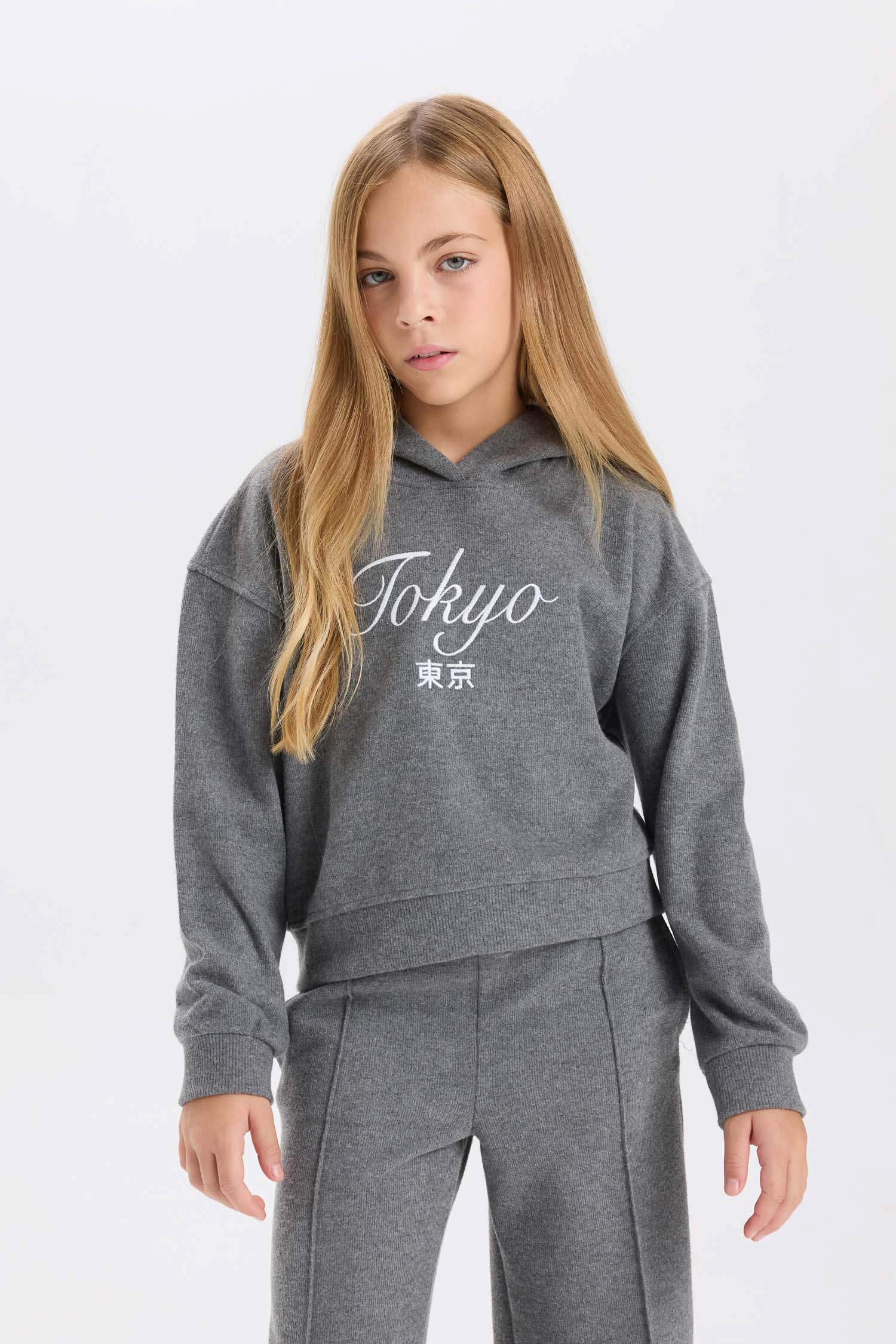 Kız Çocuk Kapüşonlu Baskılı Selanik Kumaş Sweatshirt