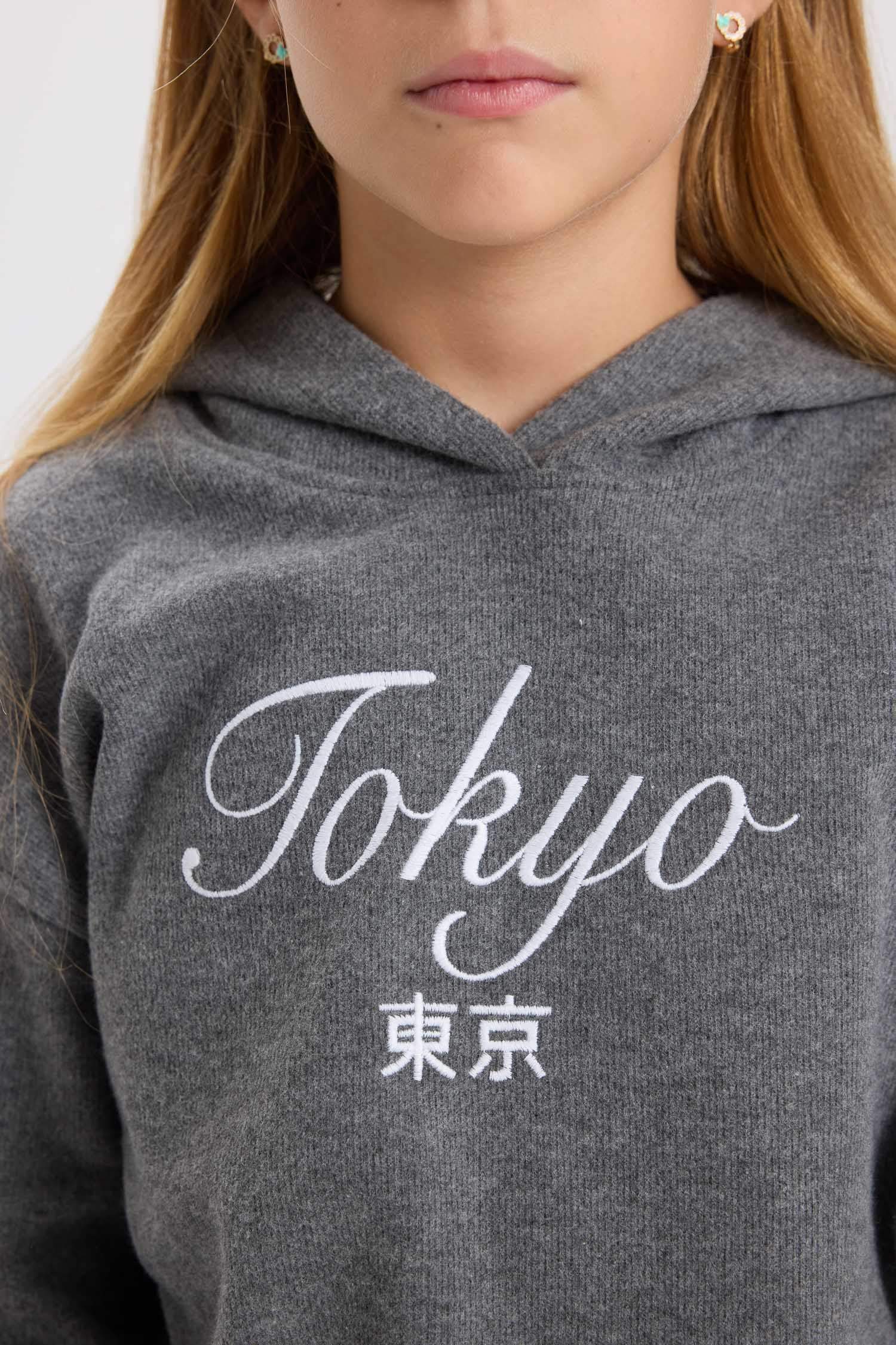 Kız Çocuk Kapüşonlu Baskılı Selanik Kumaş Sweatshirt