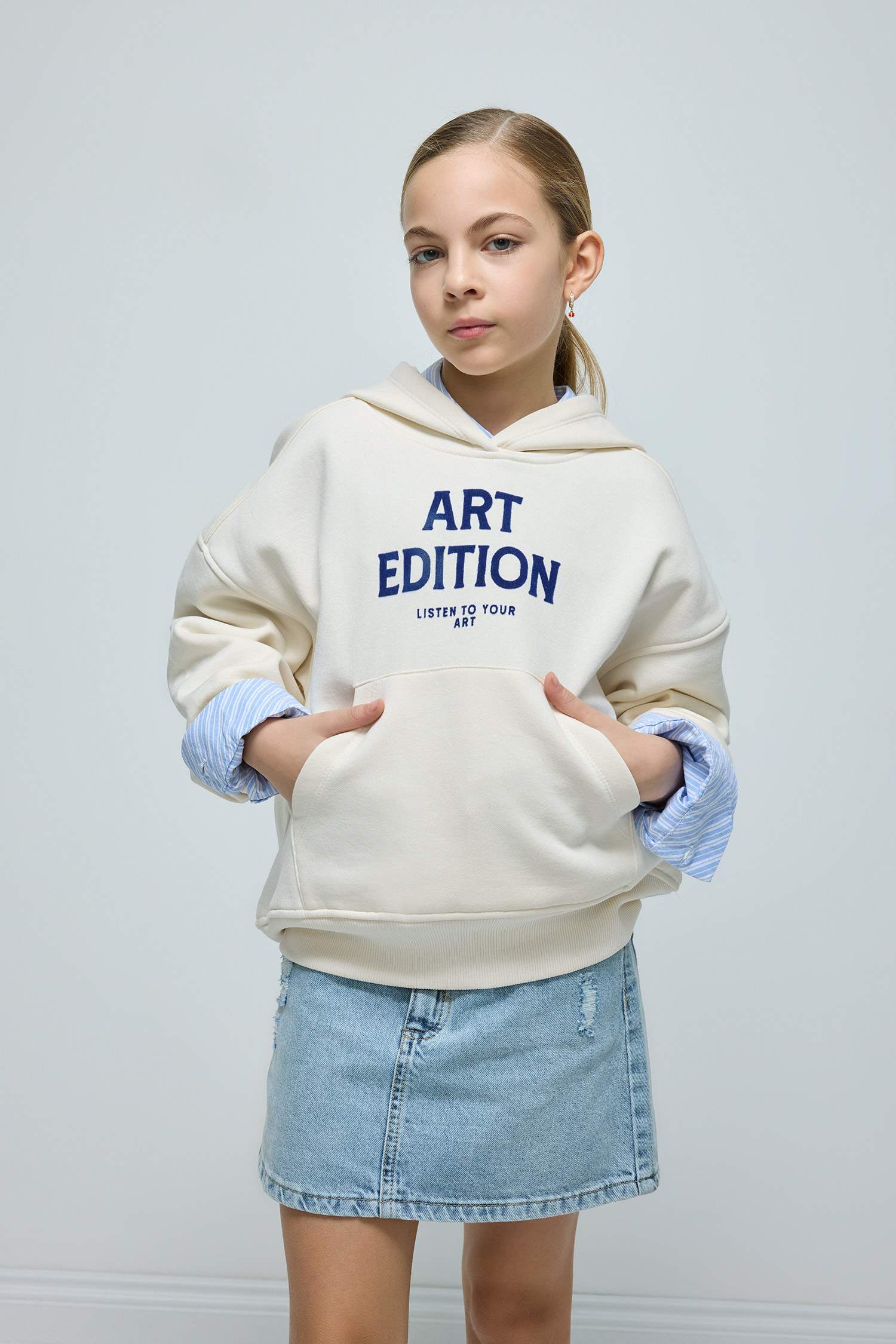 Kız Çocuk Oversize Geniş Kalıp Kapüşonlu Baskılı İçi Yumuşak Tüylü Sweatshirt