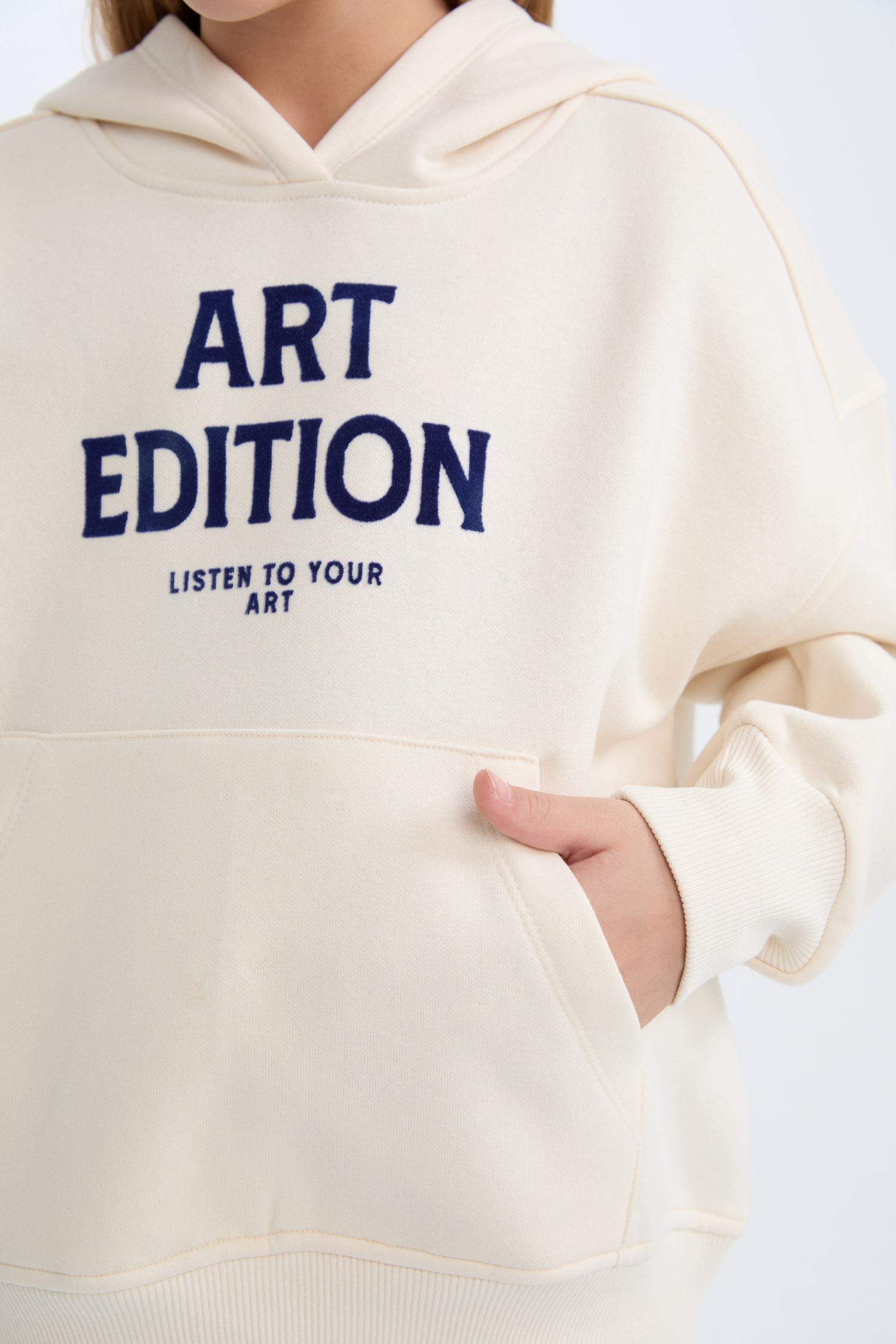 Kız Çocuk Oversize Geniş Kalıp Kapüşonlu Baskılı İçi Yumuşak Tüylü Sweatshirt