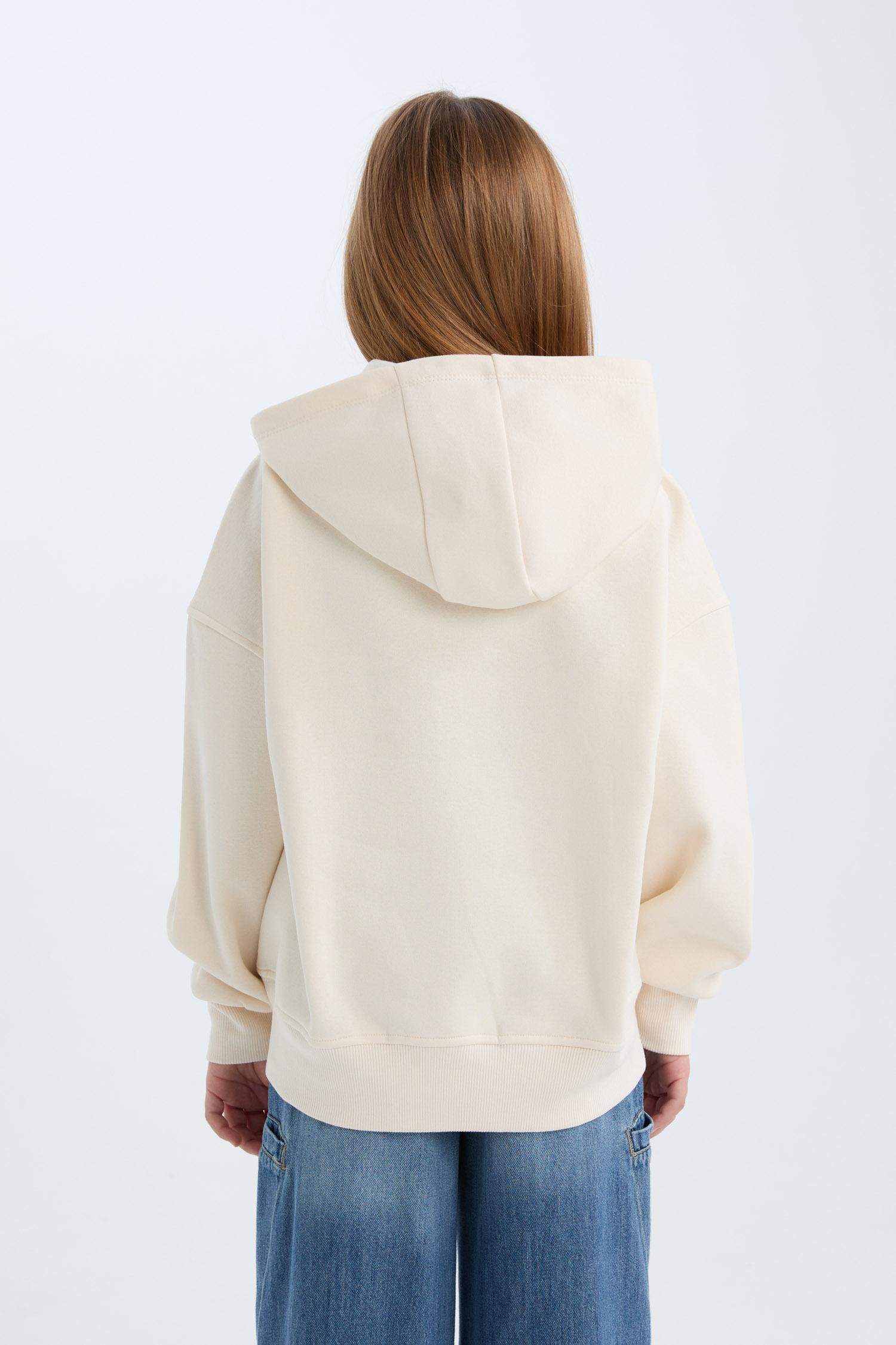 Kız Çocuk Oversize Geniş Kalıp Kapüşonlu Baskılı İçi Yumuşak Tüylü Sweatshirt