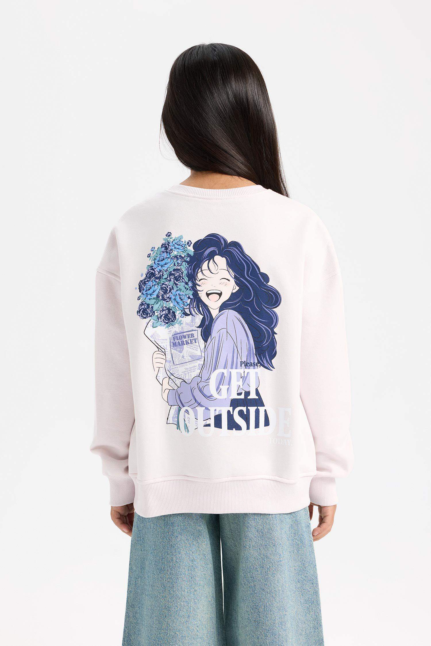 سويت شيرت مطبوع واسع برقبة مستديرة ببطانة ناعمة