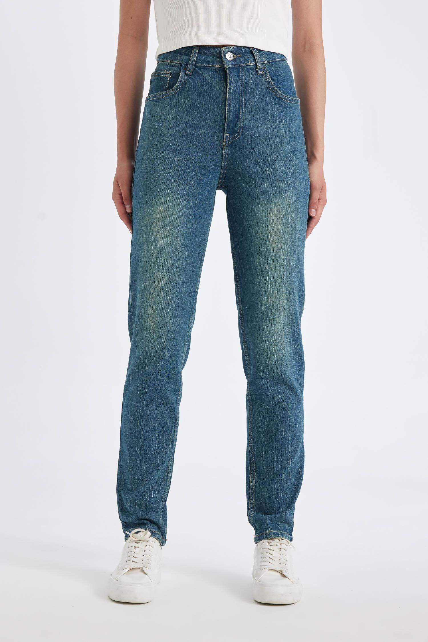 Comfort Mom Yüksek Bel Uzun Jean Yıkamalı Pantolon